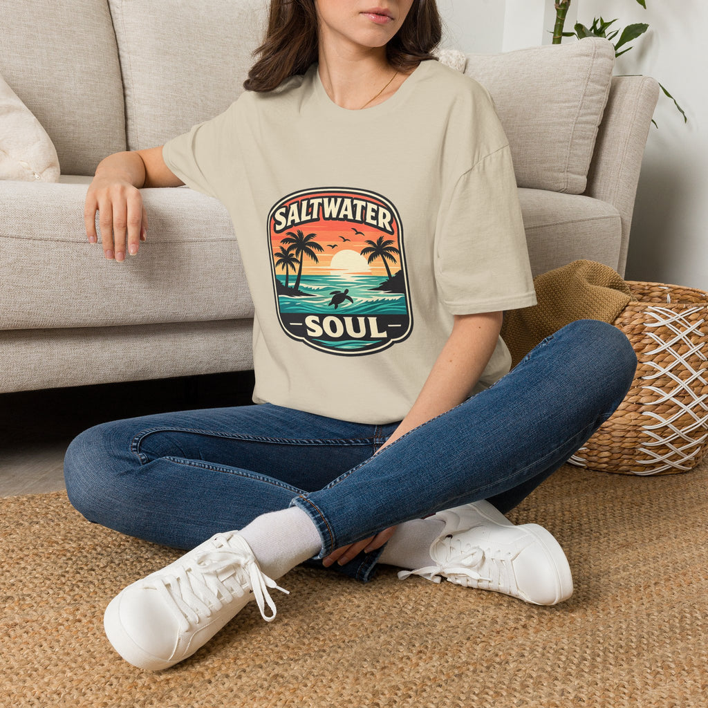 Saltwater Soul Retro Beach T-Shirt — Cute Coastal Gift for Women Sunset Palm Tee