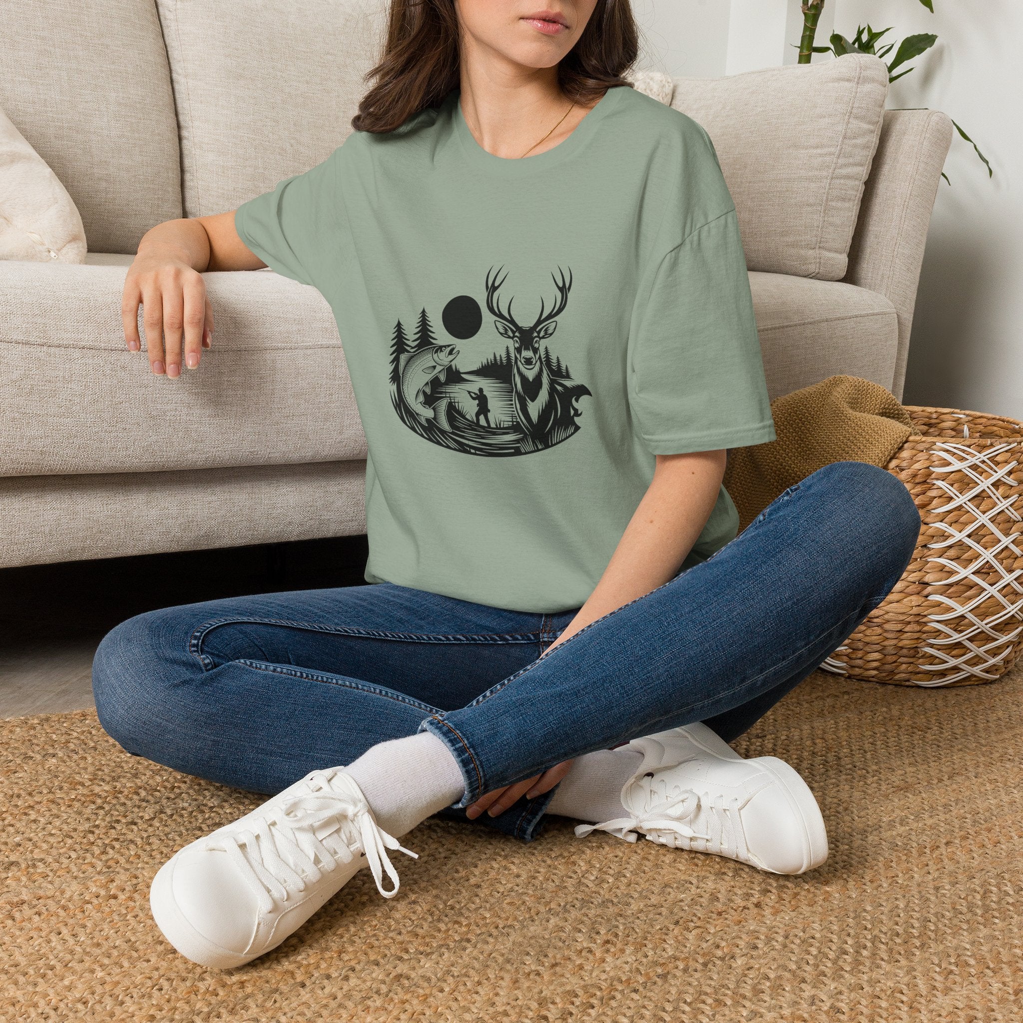 Deer & Fish Forest Silhouette T-Shirt — Rustic Outdoor Gift for Hunters Graphic Tee