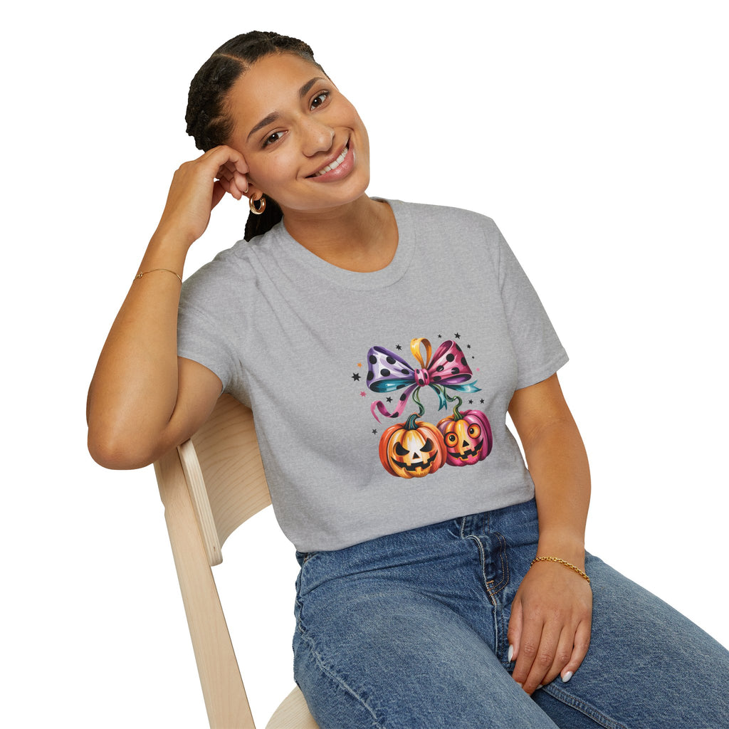 Halloween Pumpkin Bow T-Shirt — Cute Colorful Gift for Women Jack-O'-Lantern Tee
