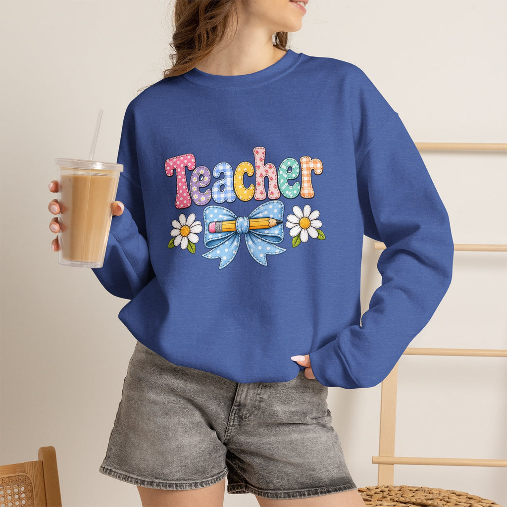 Teacher Floral Bow Sweatshirt — Cute Pastel Gift for Teachers Appreciation Crewneck