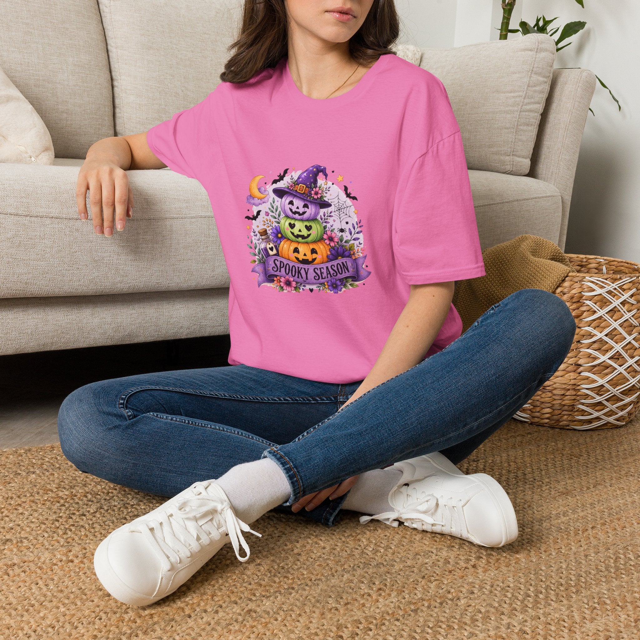 Spooky Season Pumpkin Stack T-Shirt — Cute Halloween Gift for Women Witch Hat Tee