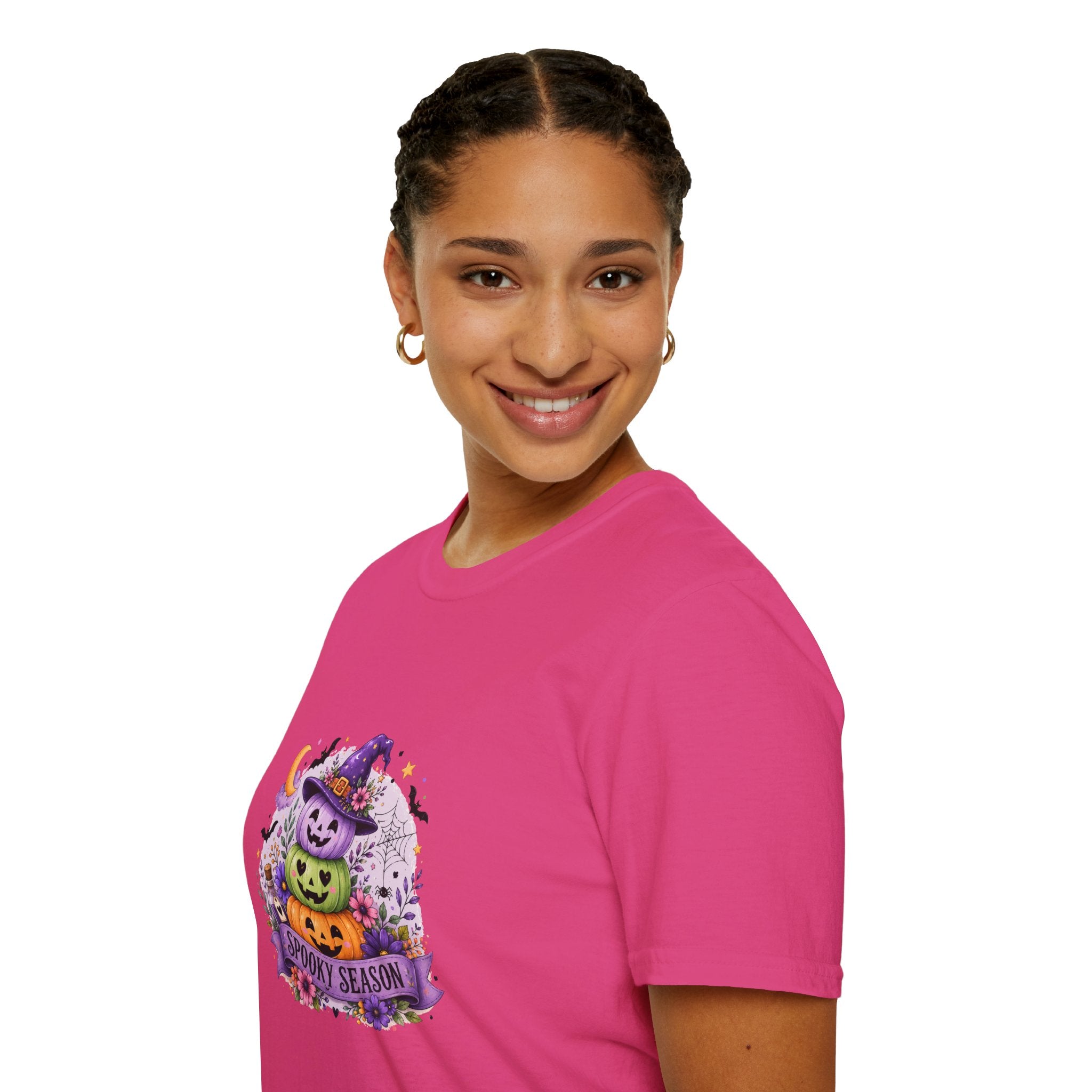Spooky Season Pumpkin Stack T-Shirt — Cute Halloween Gift for Women Witch Hat Tee