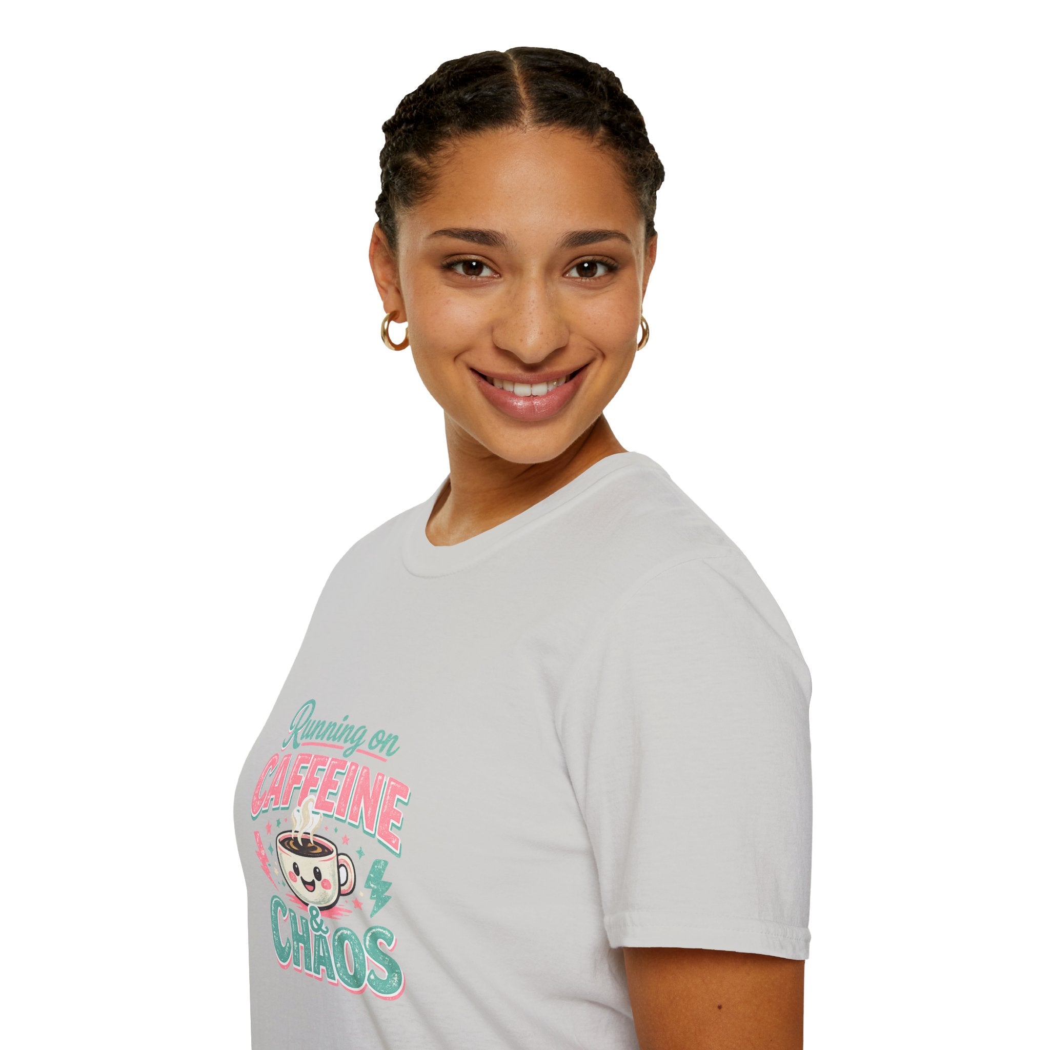 Running on Caffeine & Chaos T-Shirt — Funny Gift for Coffee Loving Moms Graphic Tee