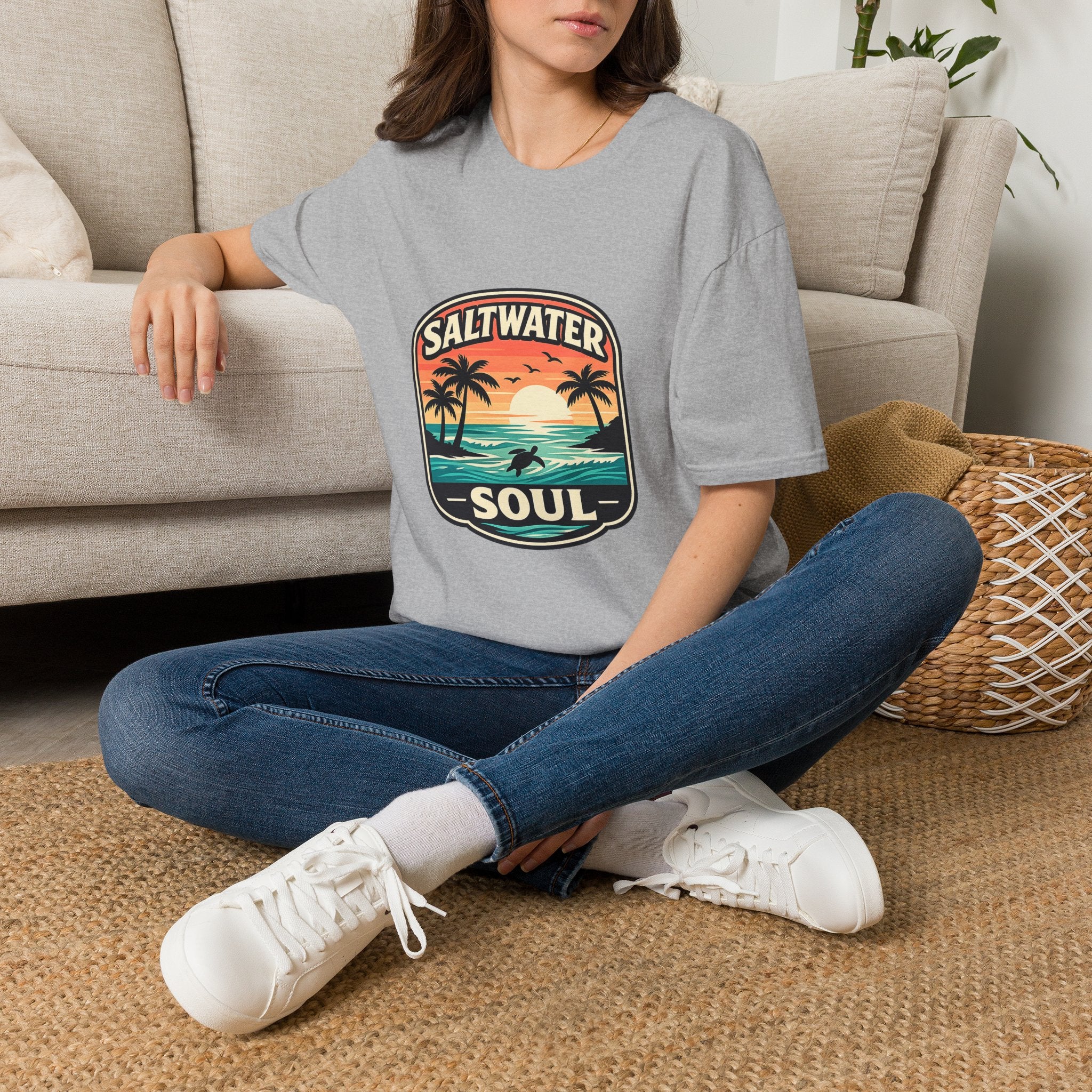 Saltwater Soul Retro Beach T-Shirt — Cute Coastal Gift for Women Sunset Palm Tee