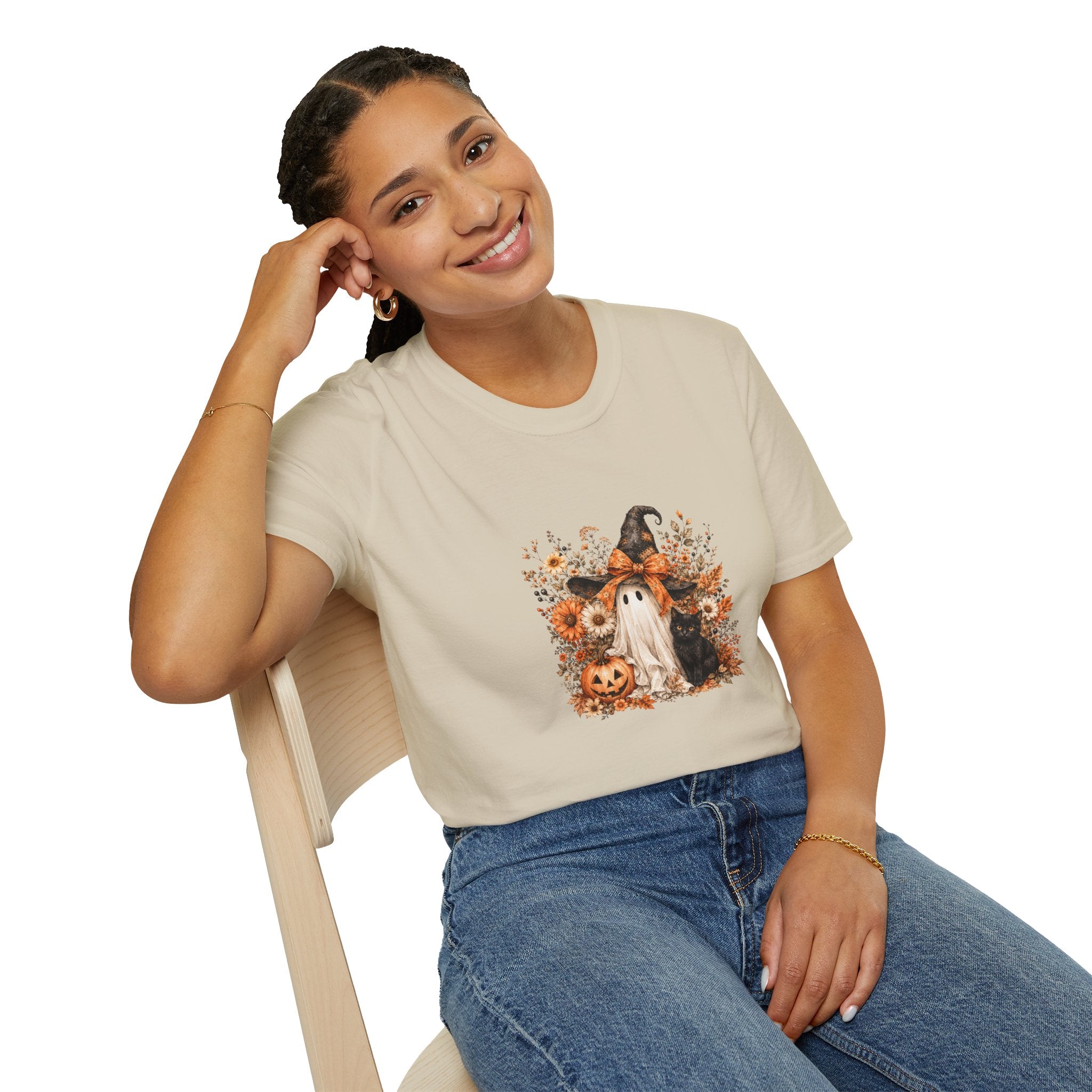 Halloween Witch Ghost & Cat T-Shirt — Cute Spooky Gift for Women Fall Floral Tee