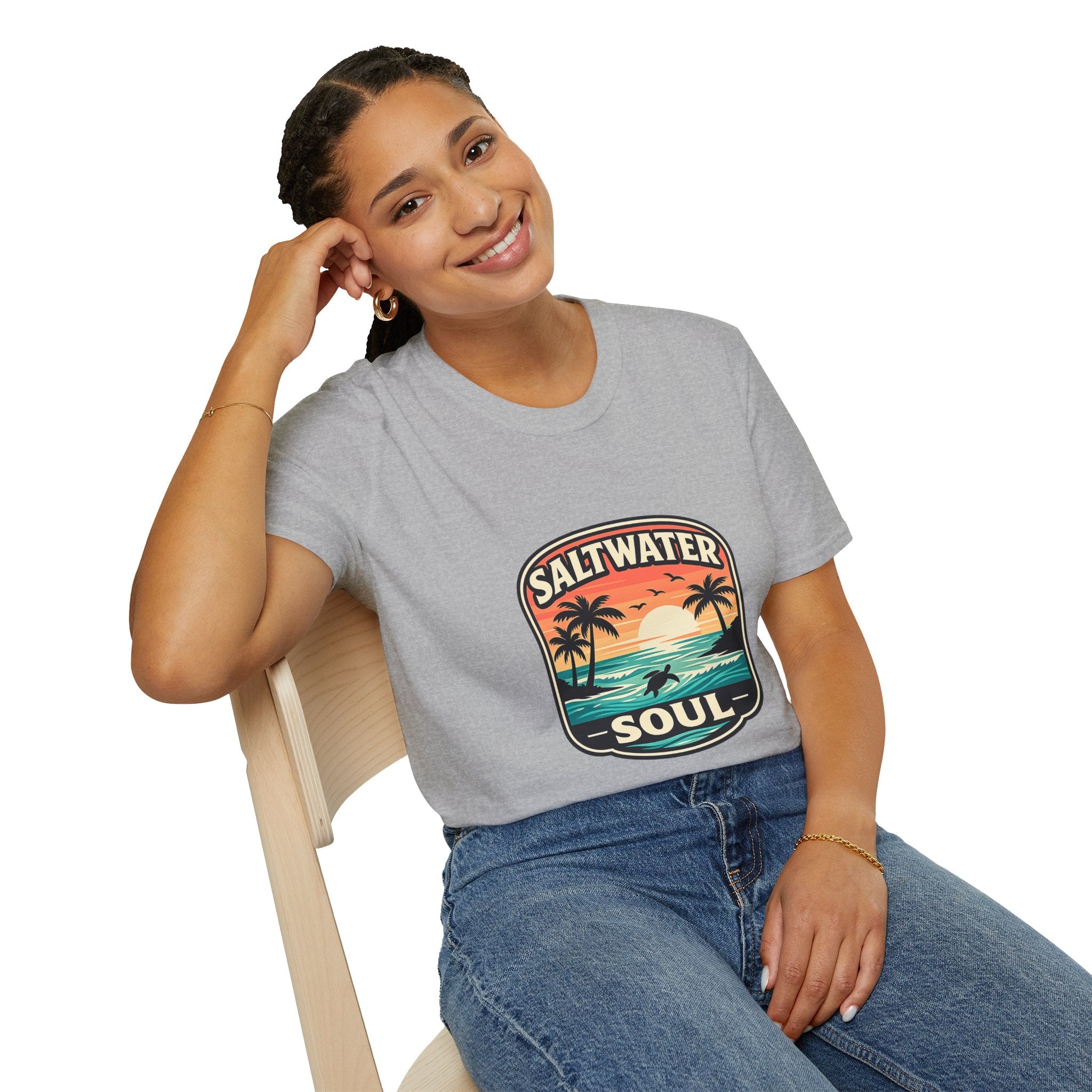 Saltwater Soul Retro Beach T-Shirt — Cute Coastal Gift for Women Sunset Palm Tee