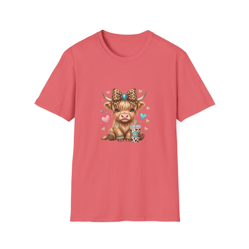 Highland Cow Leopard Bow T-Shirt — Cute Funny Gift for Her Hearts Graphic Tee