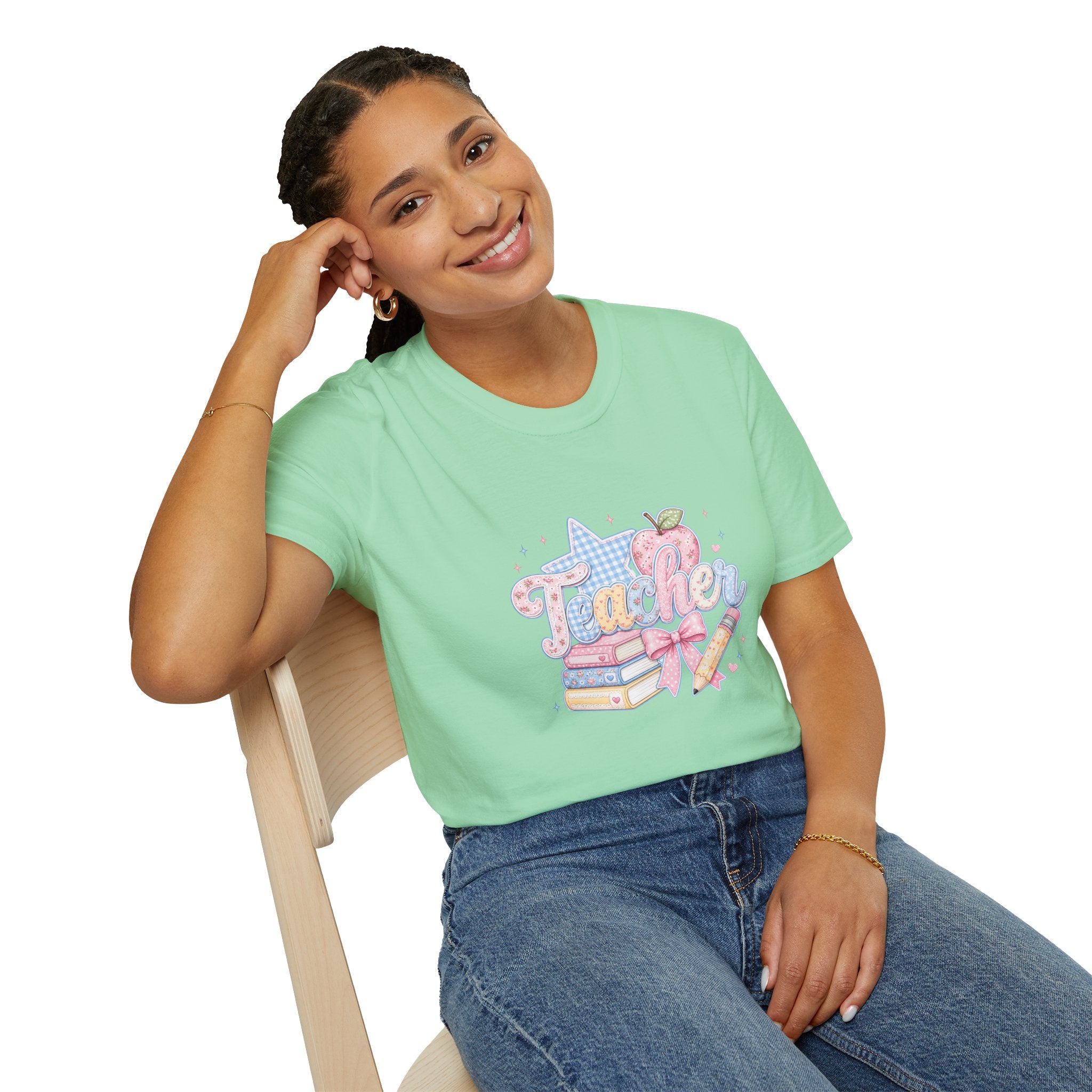 Cute Pastel Apple & Books Teacher T-Shirt — Funny Back-to-School Gift Graphic Tee