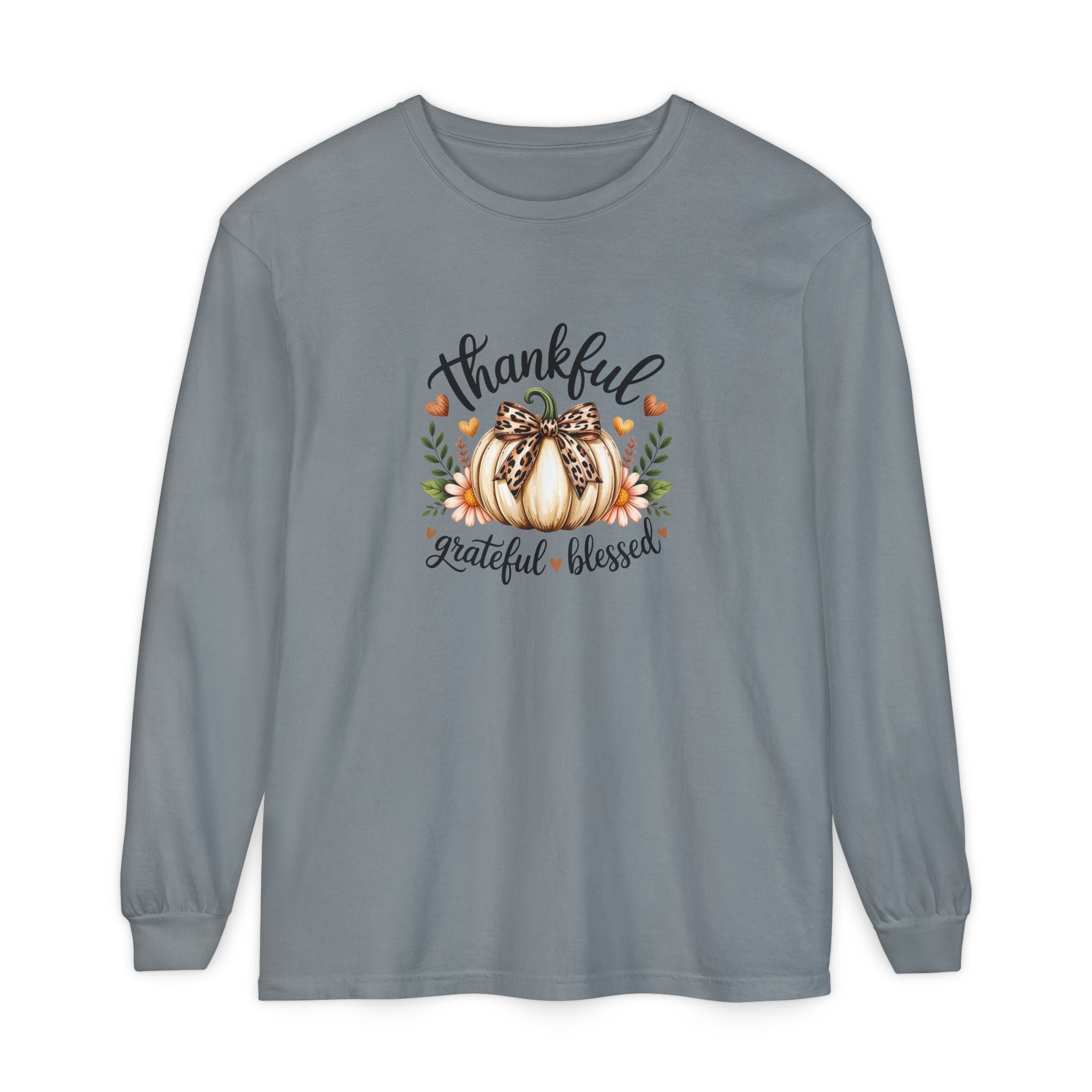 Thankful Grateful Blessed Pumpkin Long Sleeve — Cute Fall Thanksgiving Gift for Women