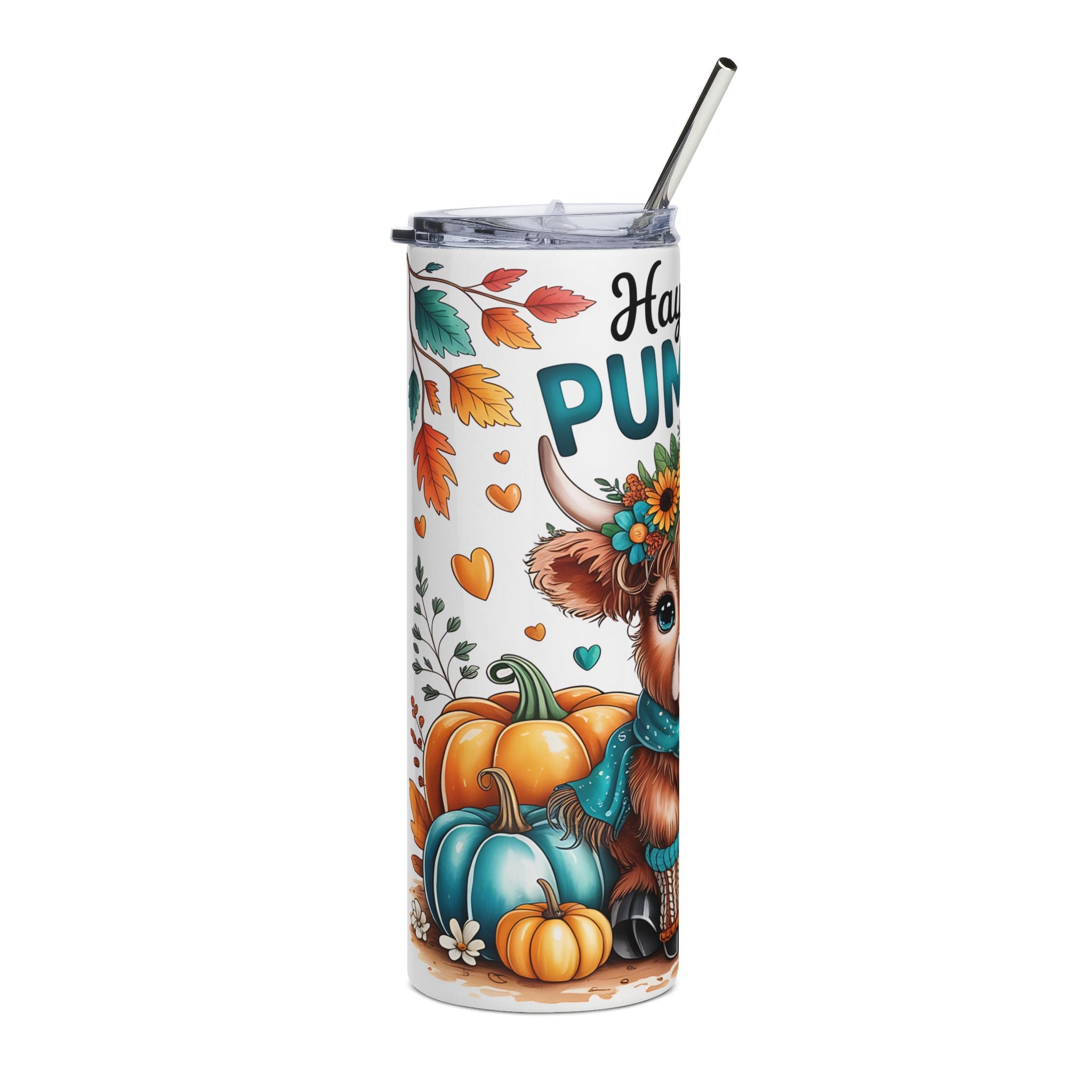 Hay There Pumpkin Cow Tumbler — Cute Fall Gift for Women Floral 20oz Stainless Steel