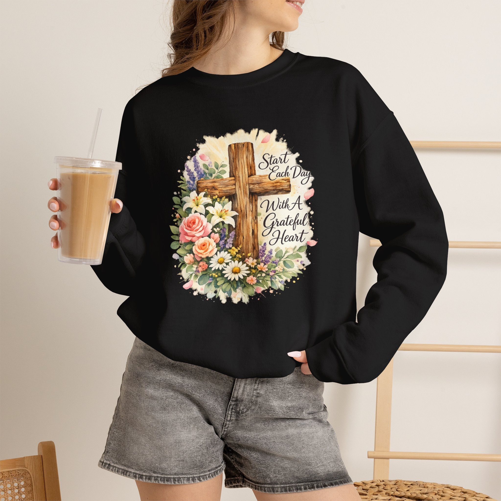 Christian Crewneck Sweatshirt — "Start Each Day with a Grateful Heart" Floral Cross