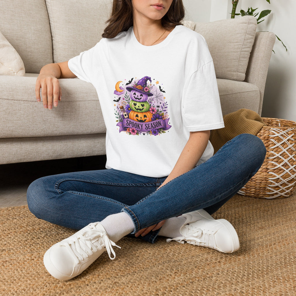 Spooky Season Pumpkin Stack T-Shirt — Cute Halloween Gift for Women Witch Hat Tee