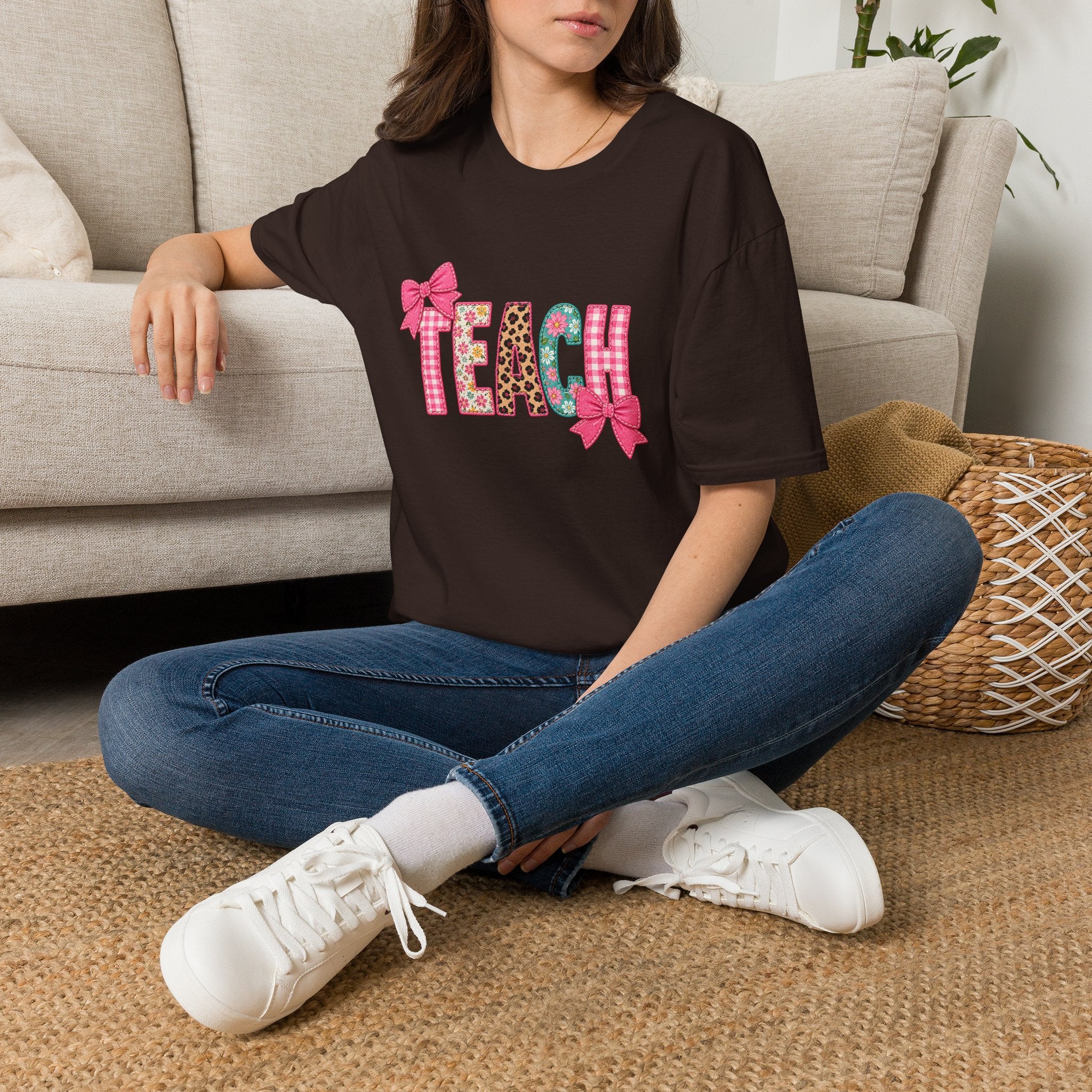Floral Leopard TEACH T-Shirt — Cute Back-to-School Gift for Teachers Pink Bow Tee