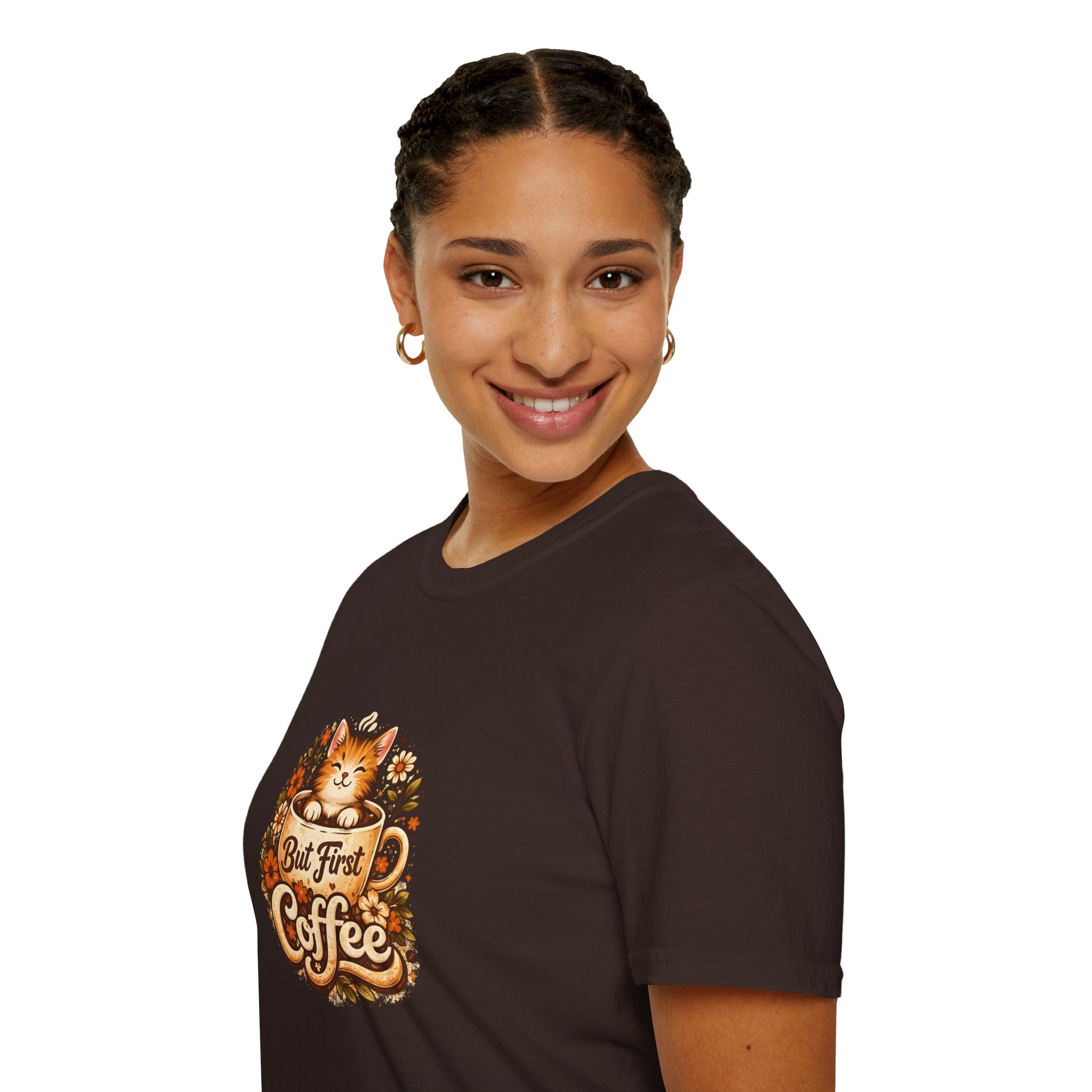 But First Coffee Cat T-Shirt — Cute Floral Gift for Coffee Lovers Women's Tee