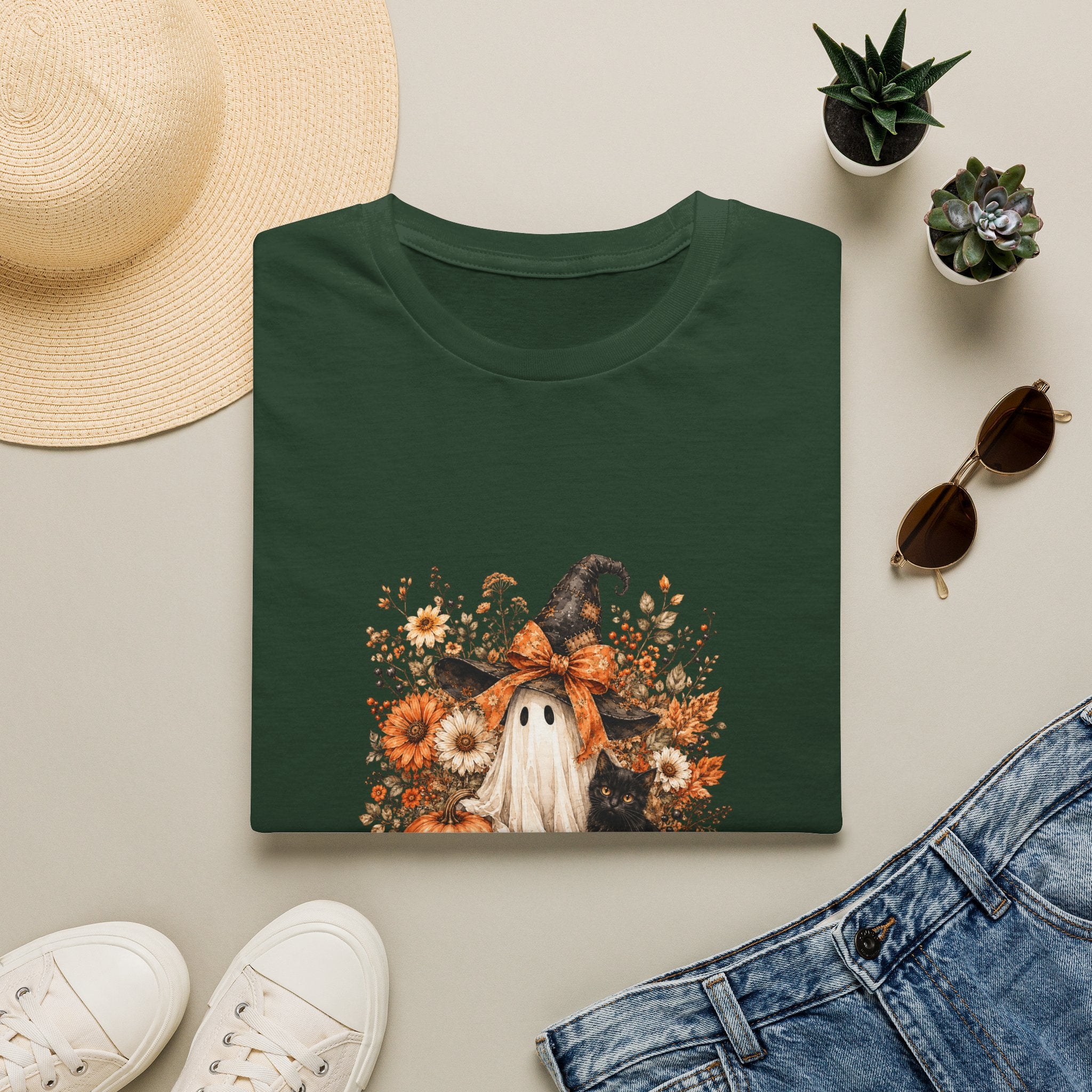 Halloween Witch Ghost & Cat T-Shirt — Cute Spooky Gift for Women Fall Floral Tee