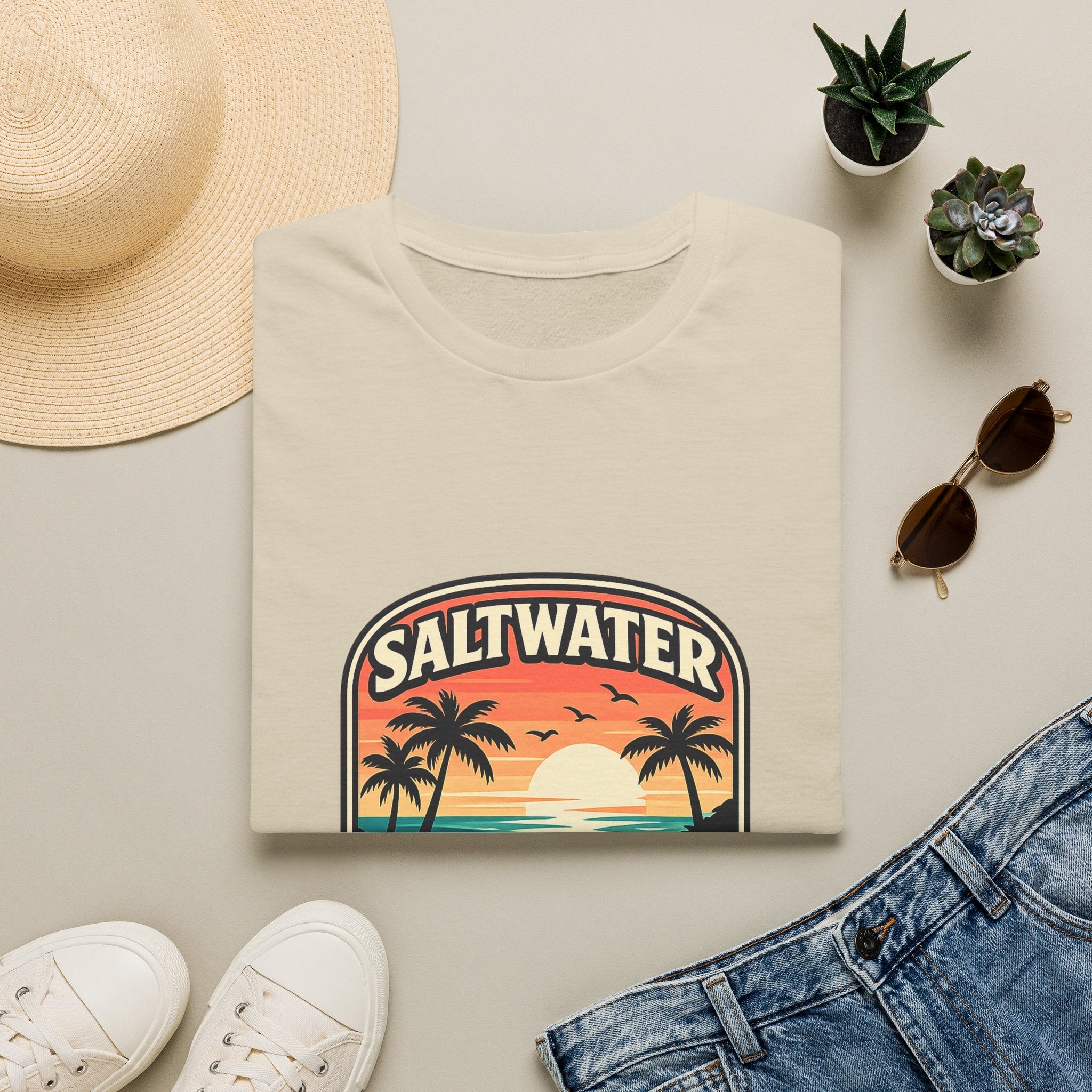Saltwater Soul Retro Beach T-Shirt — Cute Coastal Gift for Women Sunset Palm Tee