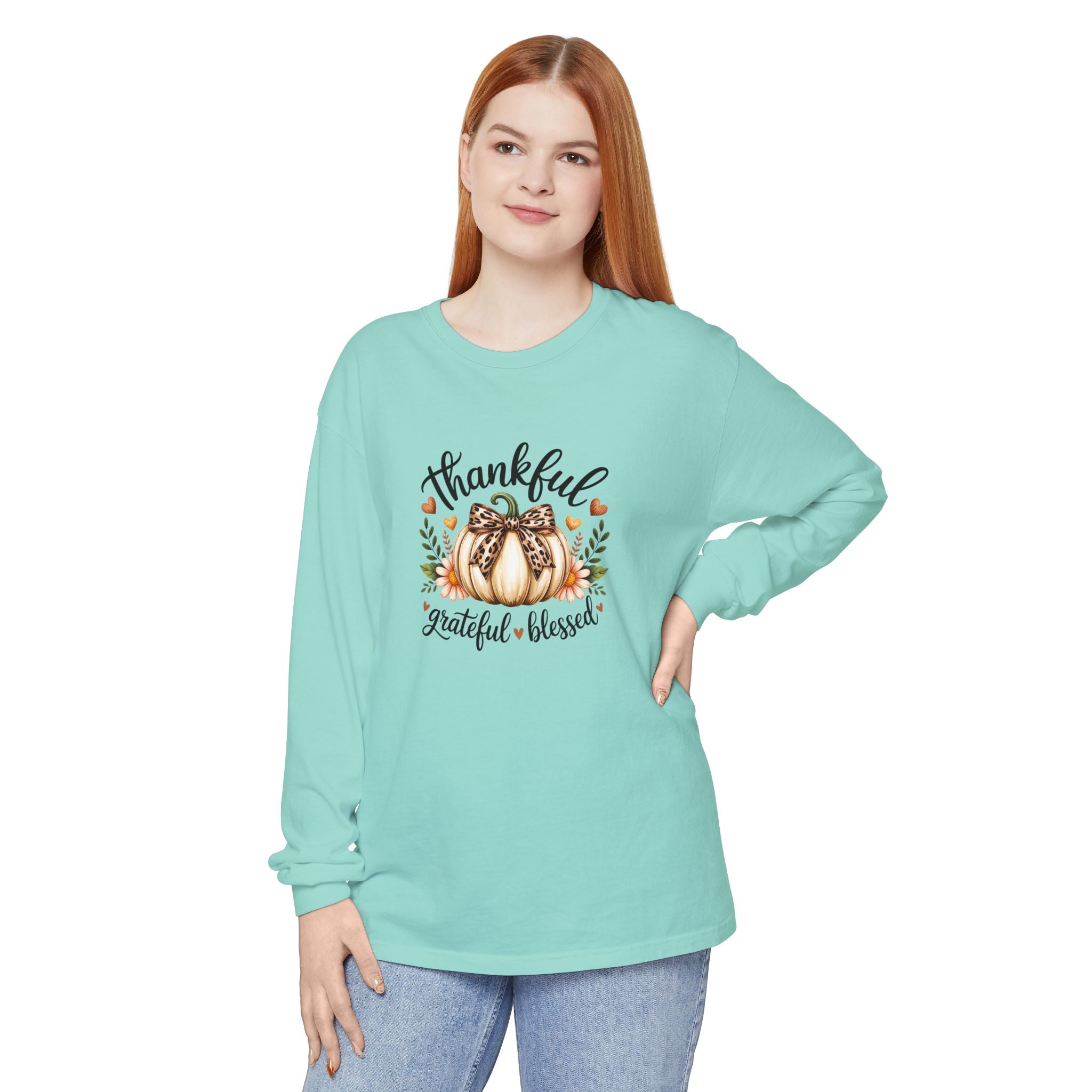 Thankful Grateful Blessed Pumpkin Long Sleeve — Cute Fall Thanksgiving Gift for Women