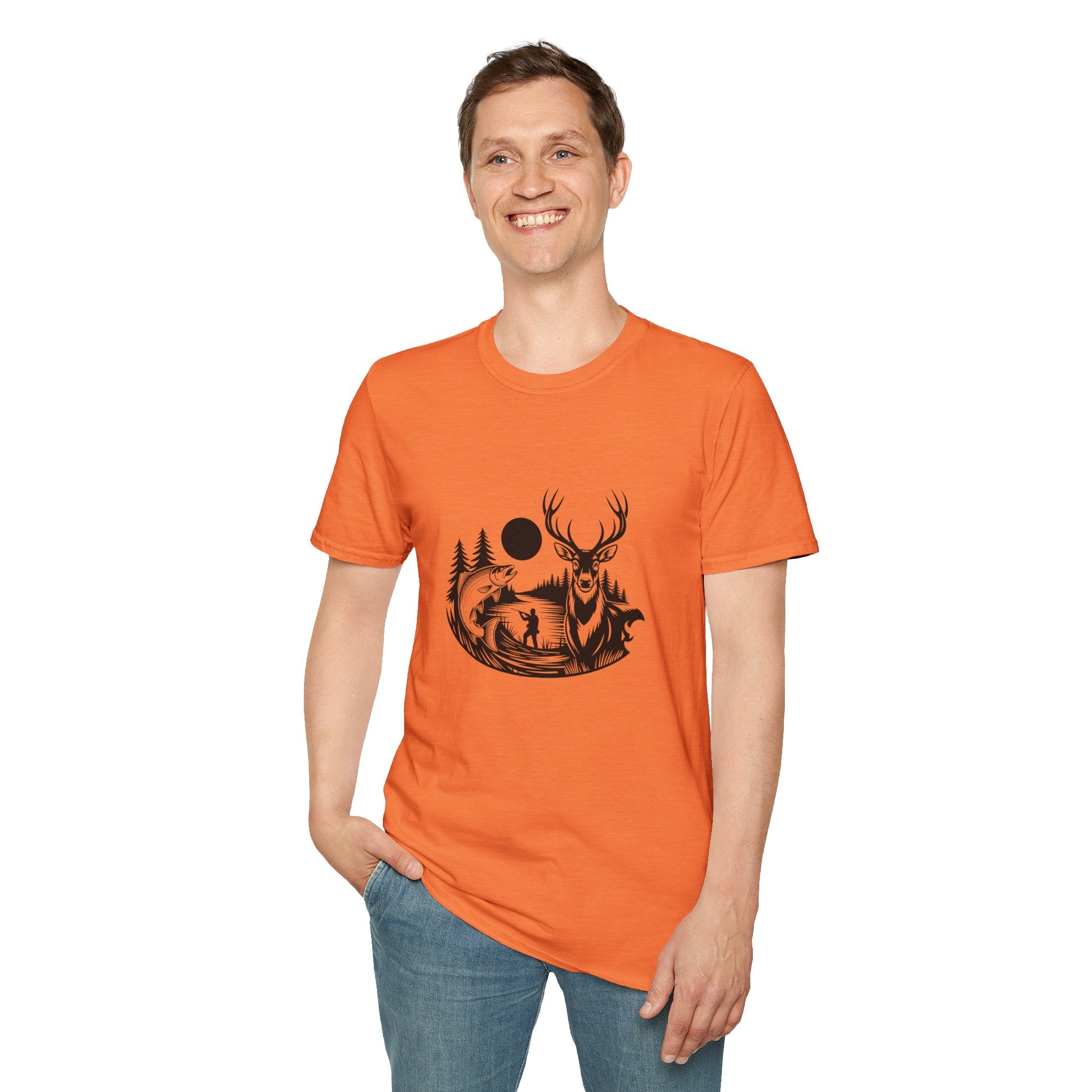 Deer & Fish Forest Silhouette T-Shirt — Rustic Outdoor Gift for Hunters Graphic Tee