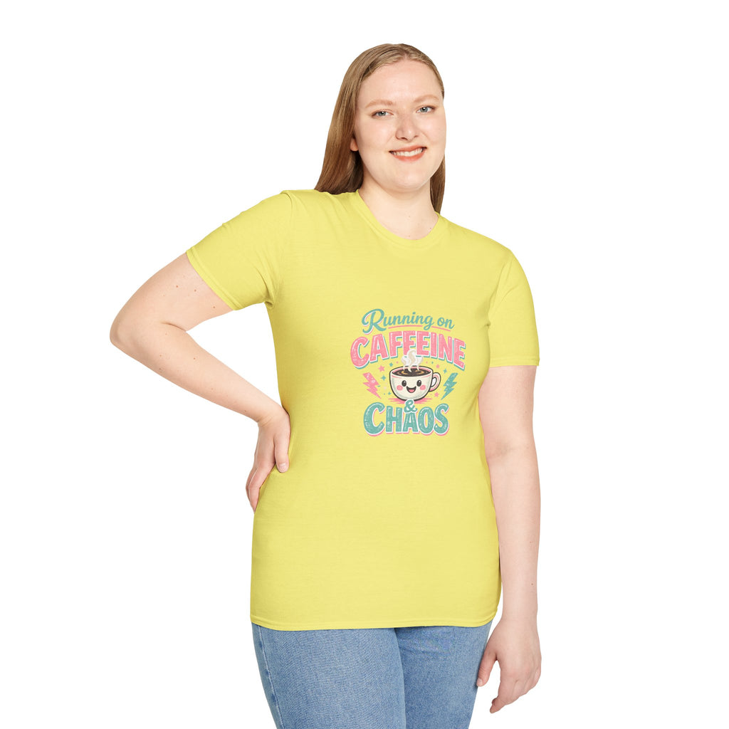 Running on Caffeine & Chaos T-Shirt — Funny Gift for Coffee Loving Moms Graphic Tee