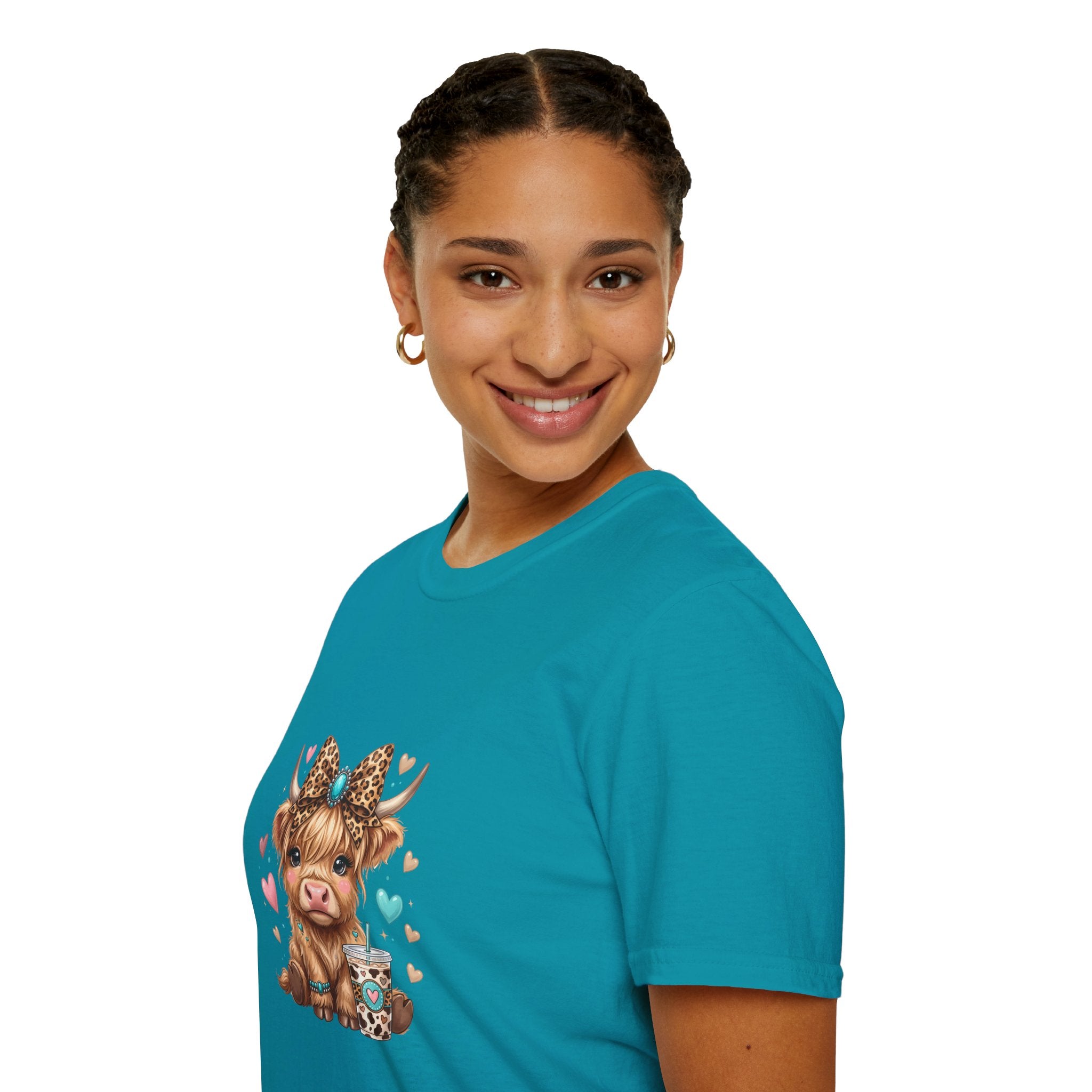 Highland Cow Leopard Bow T-Shirt — Cute Funny Gift for Her Hearts Graphic Tee