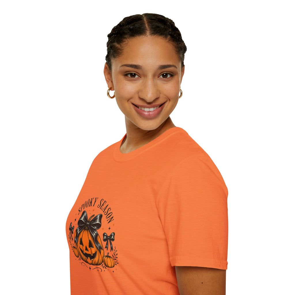 Spooky Season Jack-O'-Lantern Bow T-Shirt — Cute Halloween Gift for Women Graphic Tee