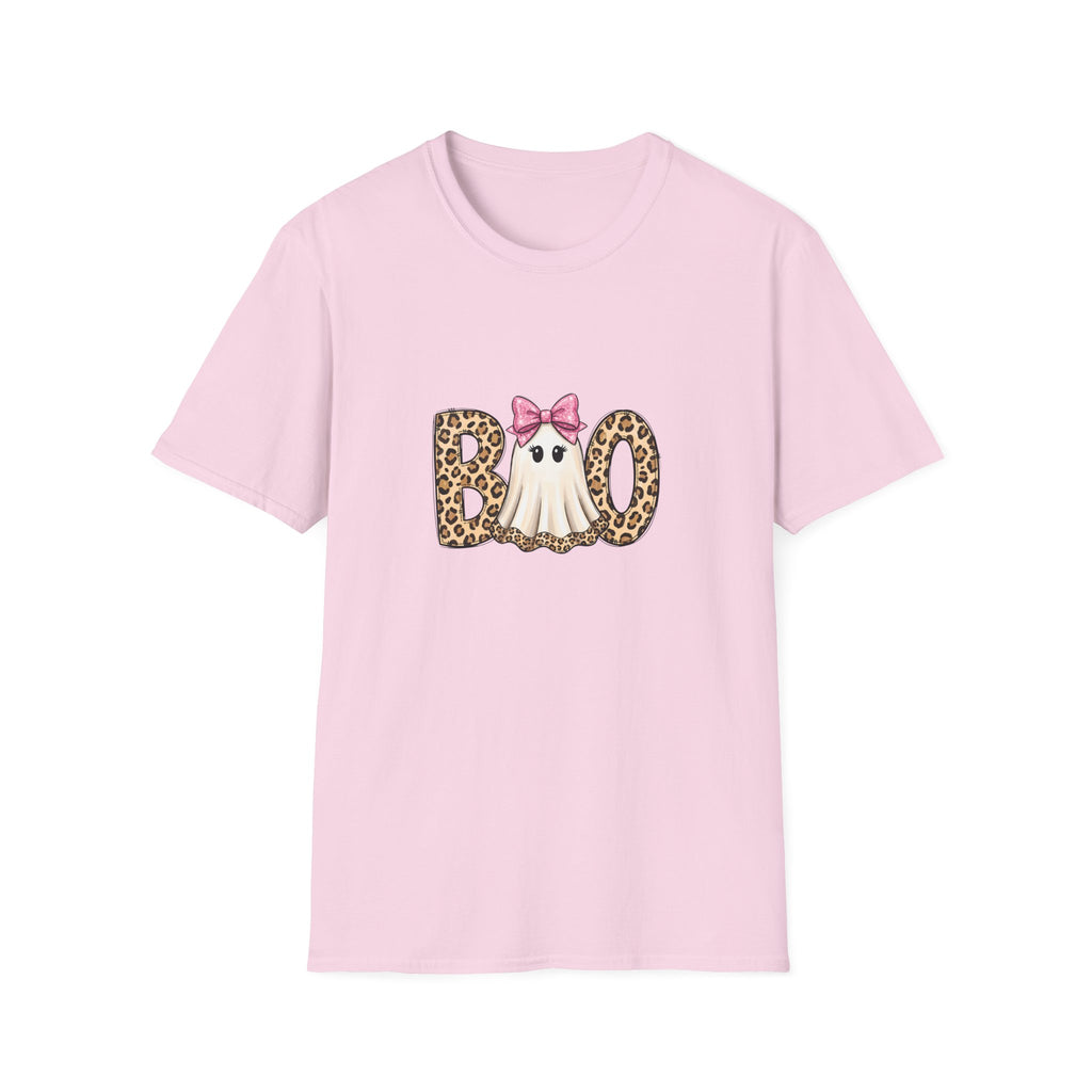 Boo Leopard Ghost T-Shirt — Cute Pink Bow Halloween Gift for Women Graphic Tee