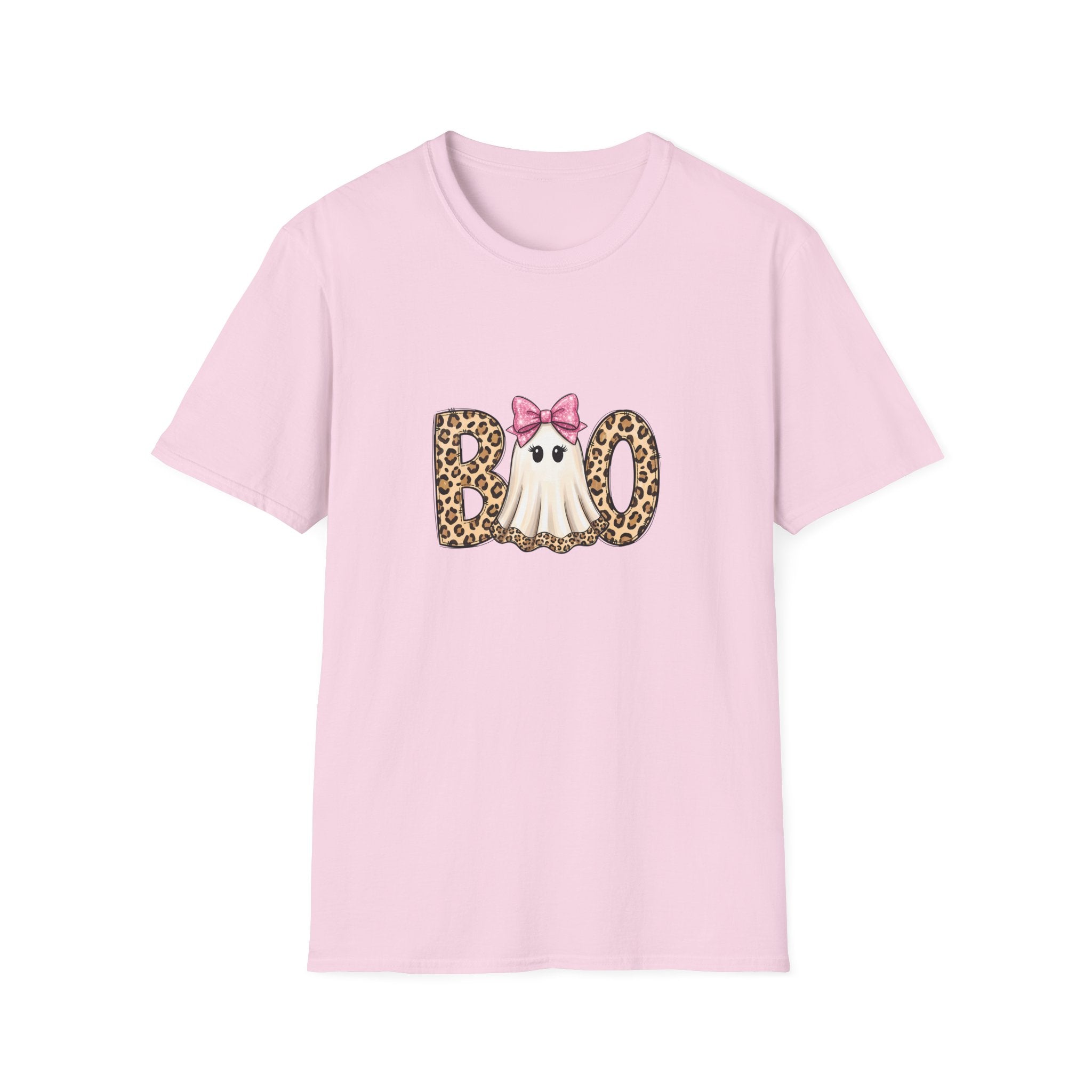 Boo Leopard Ghost T-Shirt — Cute Pink Bow Halloween Gift for Women Graphic Tee
