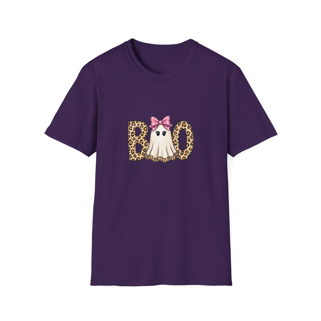 Boo Leopard Ghost T-Shirt — Cute Pink Bow Halloween Gift for Women Graphic Tee