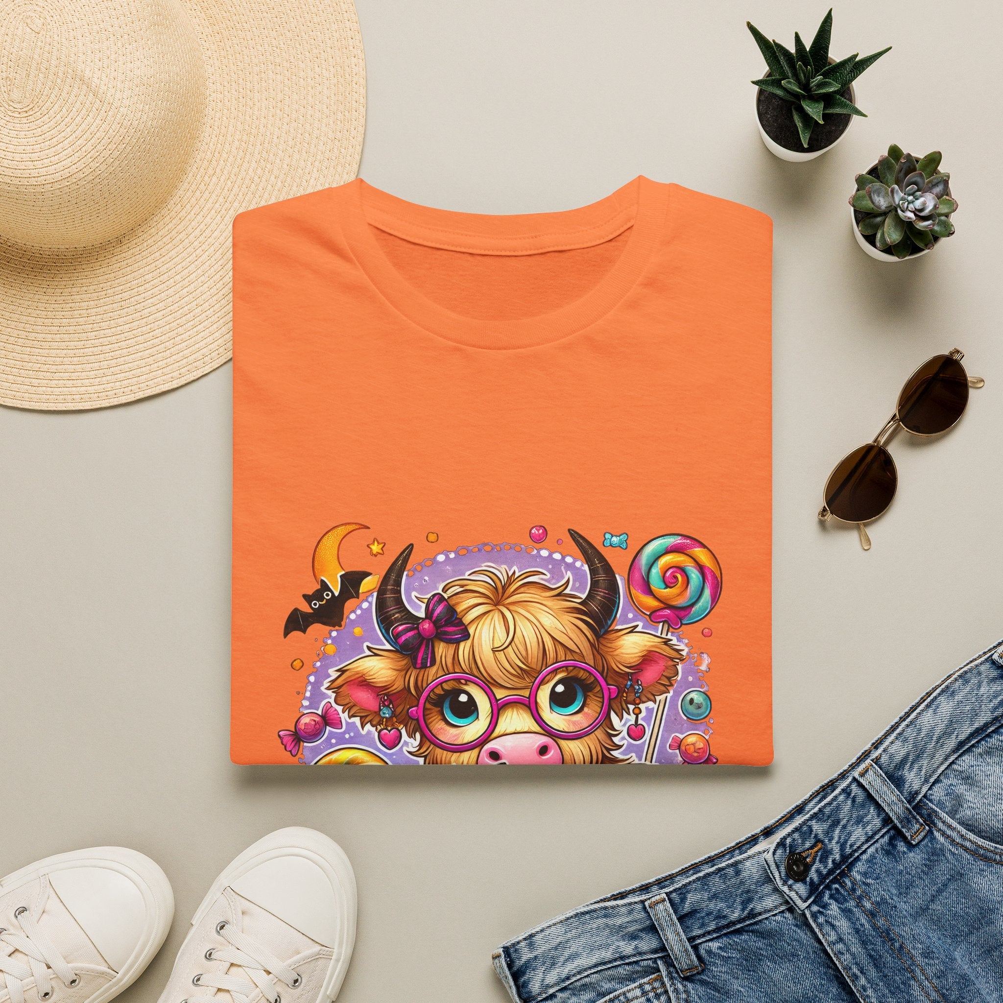 Cute Halloween Cow T-Shirt — Funny Gift for Her Candy Pumpkins & Kitty Costume Tee