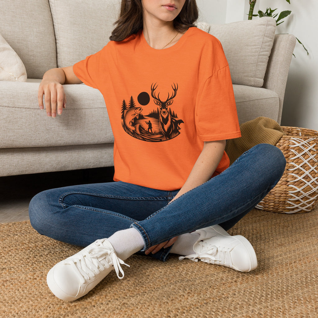 Deer & Fish Forest Silhouette T-Shirt — Rustic Outdoor Gift for Hunters Graphic Tee