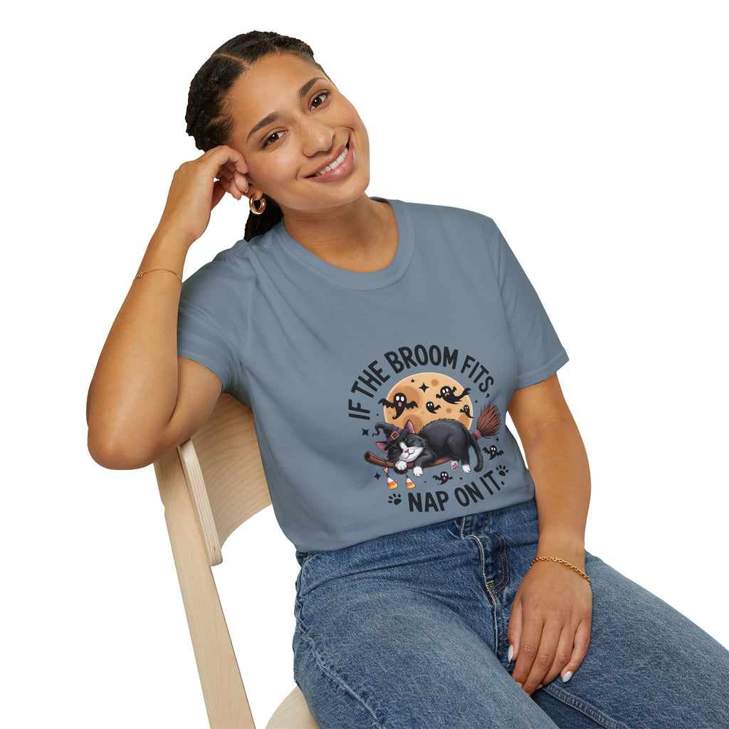 If the Broom Fits Nap on It Cat T-Shirt — Funny Halloween Gift for Women Witchy Tee