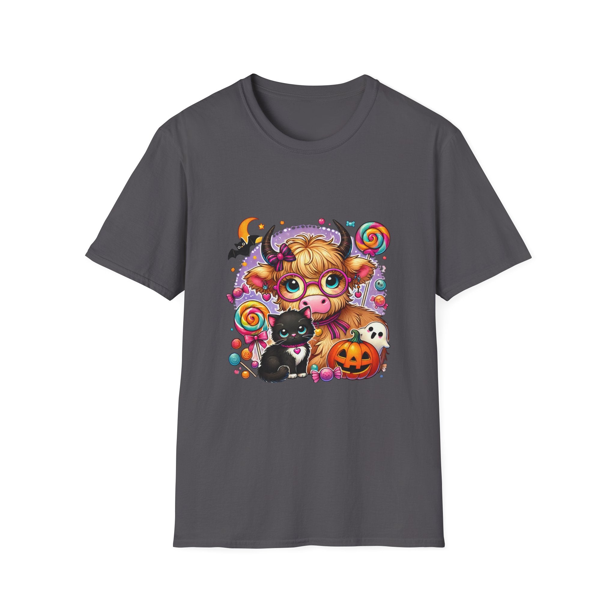Cute Halloween Cow T-Shirt — Funny Gift for Her Candy Pumpkins & Kitty Costume Tee
