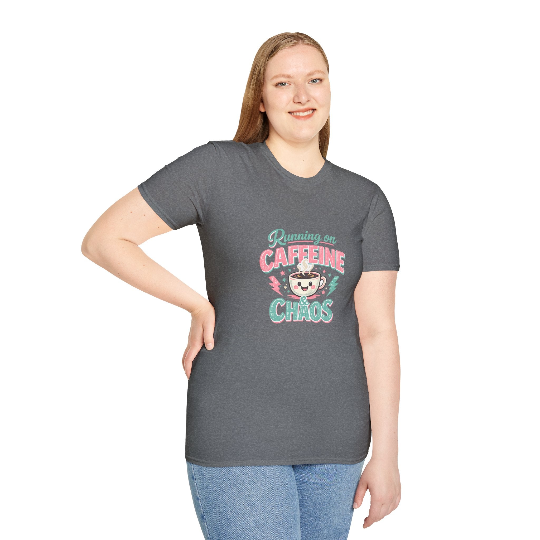 Running on Caffeine & Chaos T-Shirt — Funny Gift for Coffee Loving Moms Graphic Tee