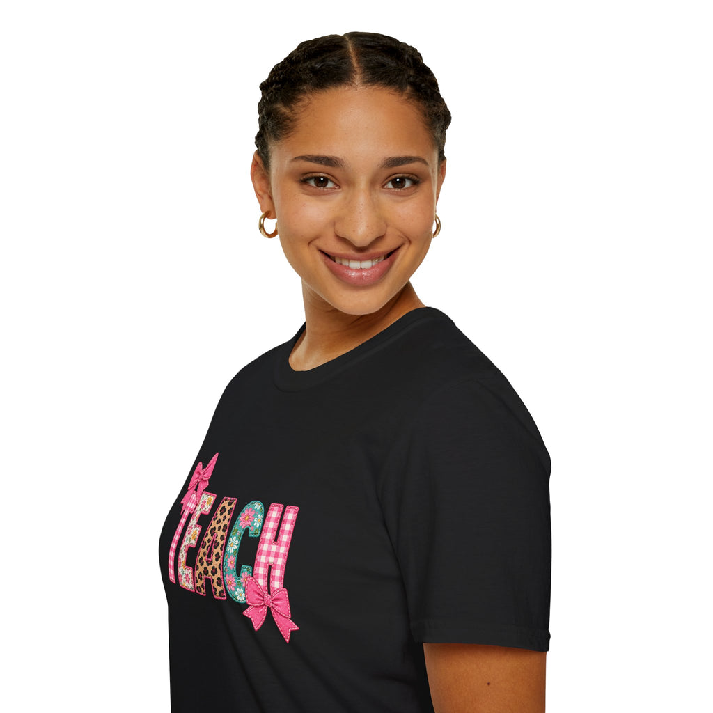 Floral Leopard TEACH T-Shirt — Cute Back-to-School Gift for Teachers Pink Bow Tee