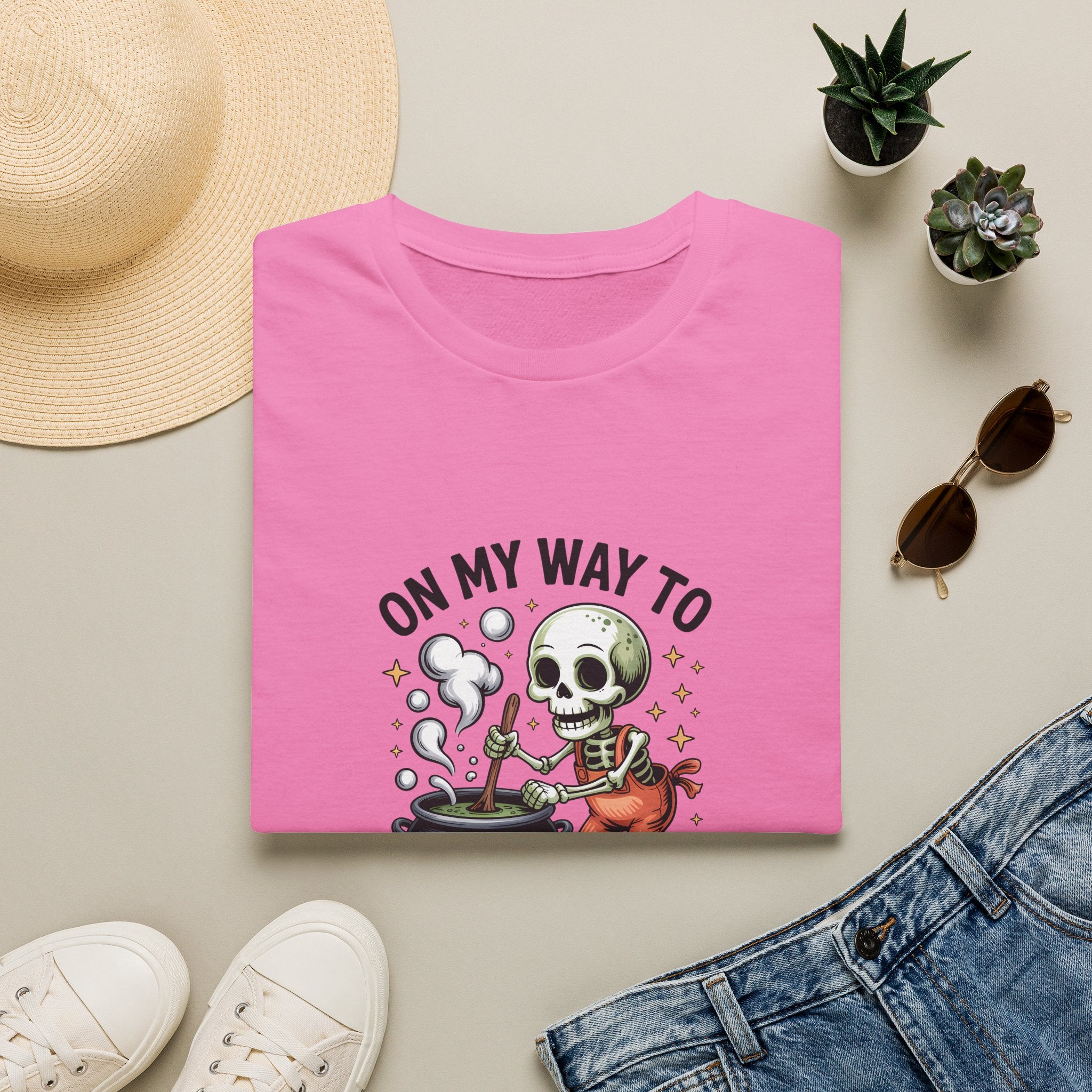 On My Way to Stir the Pot Skeleton T-Shirt — Funny Halloween Gift for Women