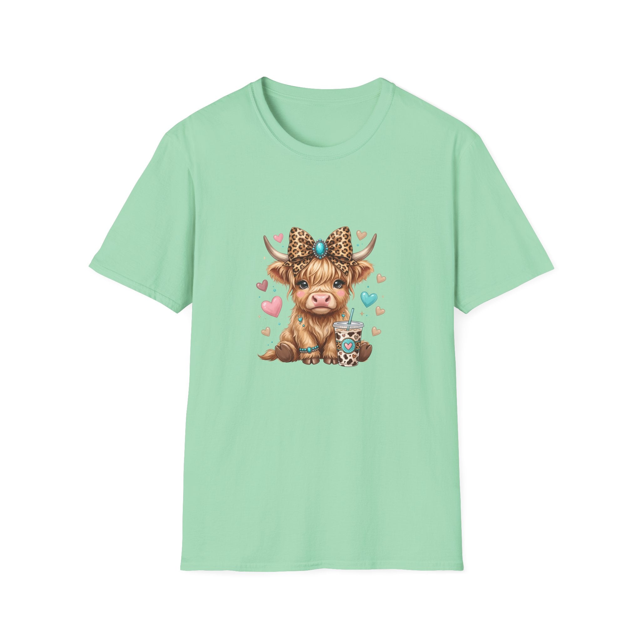Highland Cow Leopard Bow T-Shirt — Cute Funny Gift for Her Hearts Graphic Tee