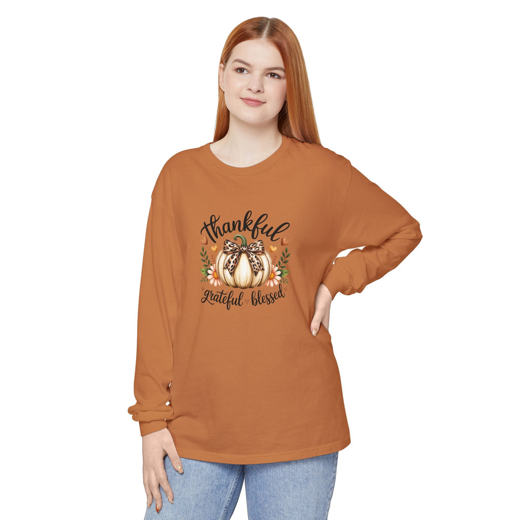 Thankful Grateful Blessed Pumpkin Long Sleeve — Cute Fall Thanksgiving Gift for Women