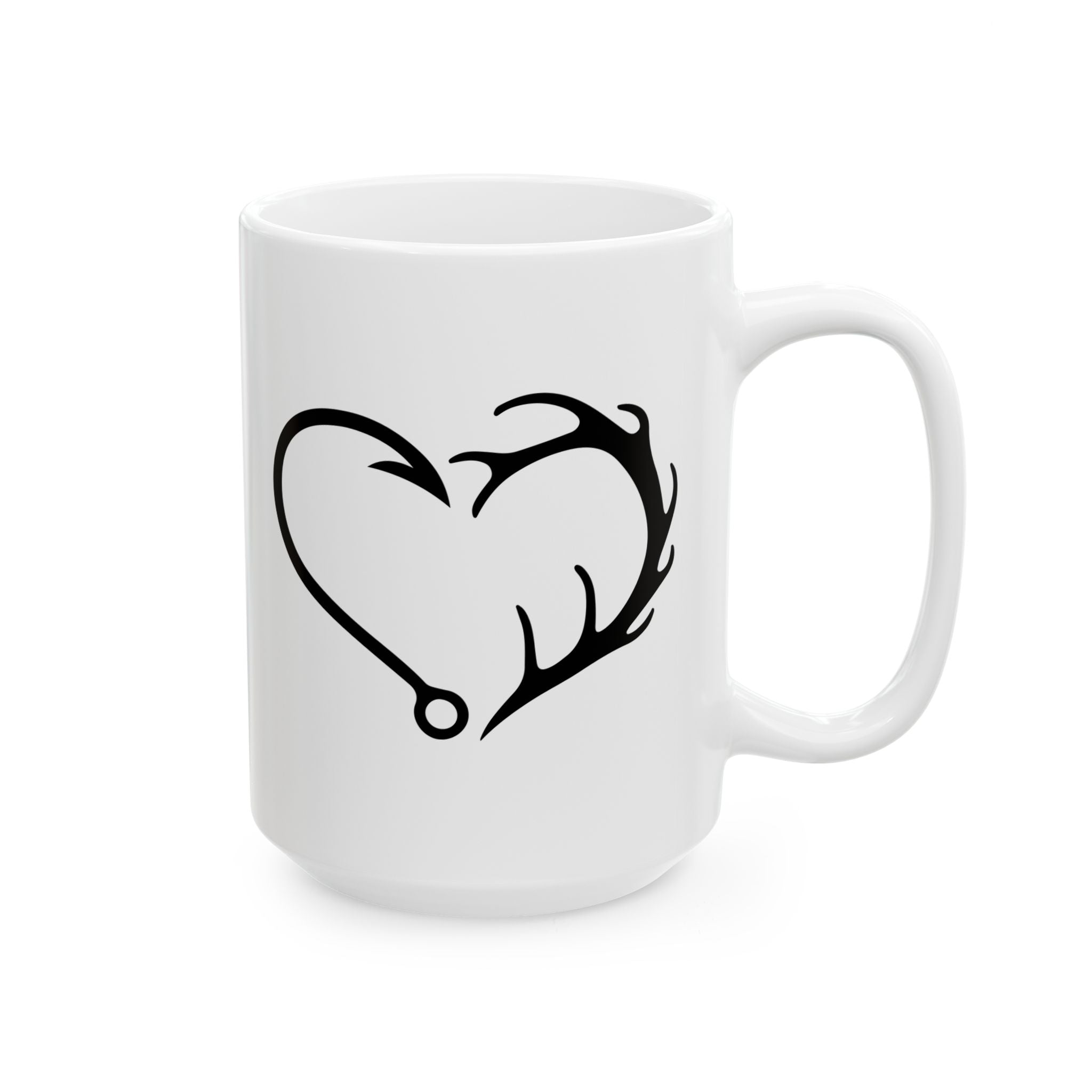 Antler Heart Ceramic Mug — Rustic Deer & Fishing Hook Gift for Him Coffee Cup 11oz 15oz