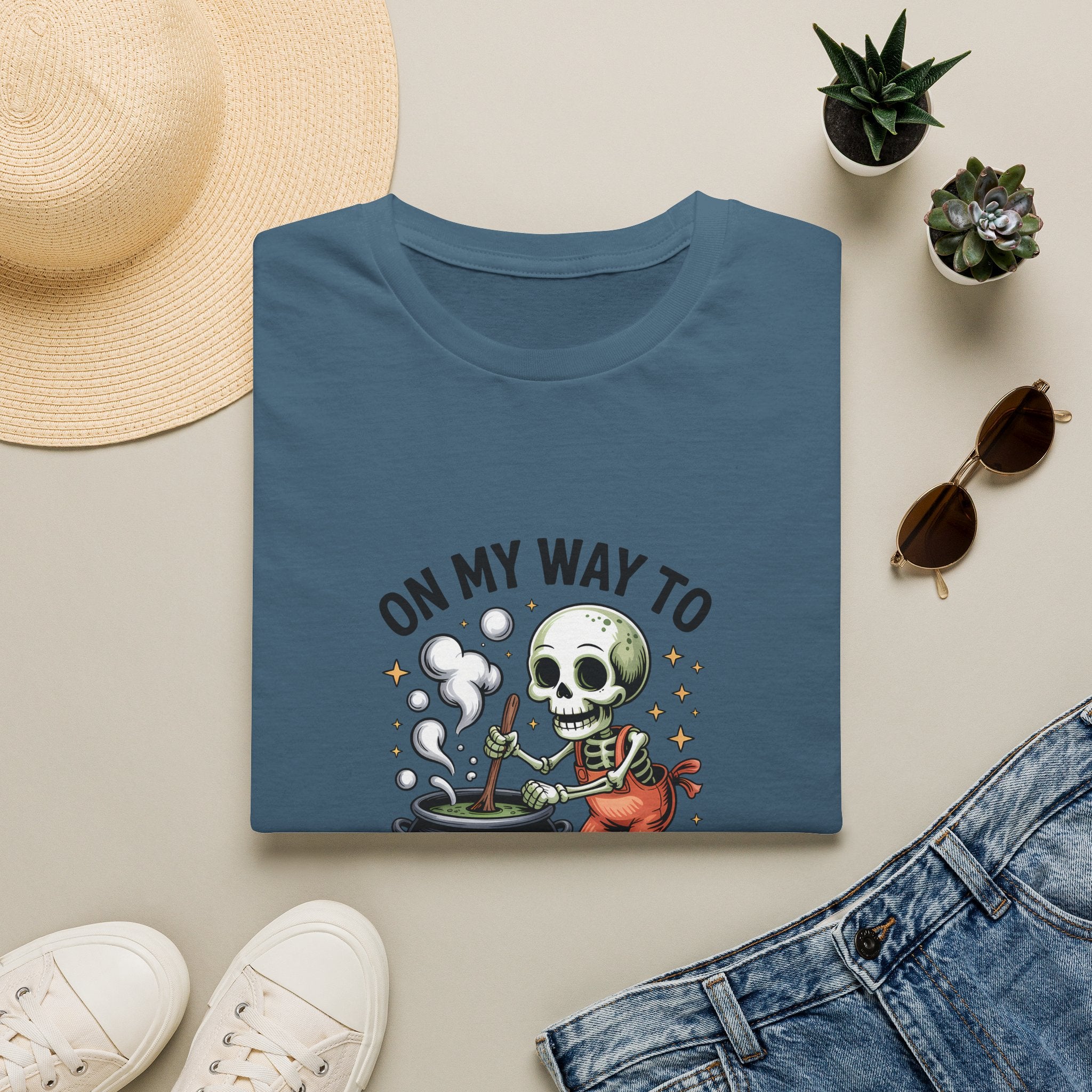 On My Way to Stir the Pot Skeleton T-Shirt — Funny Halloween Gift for Women