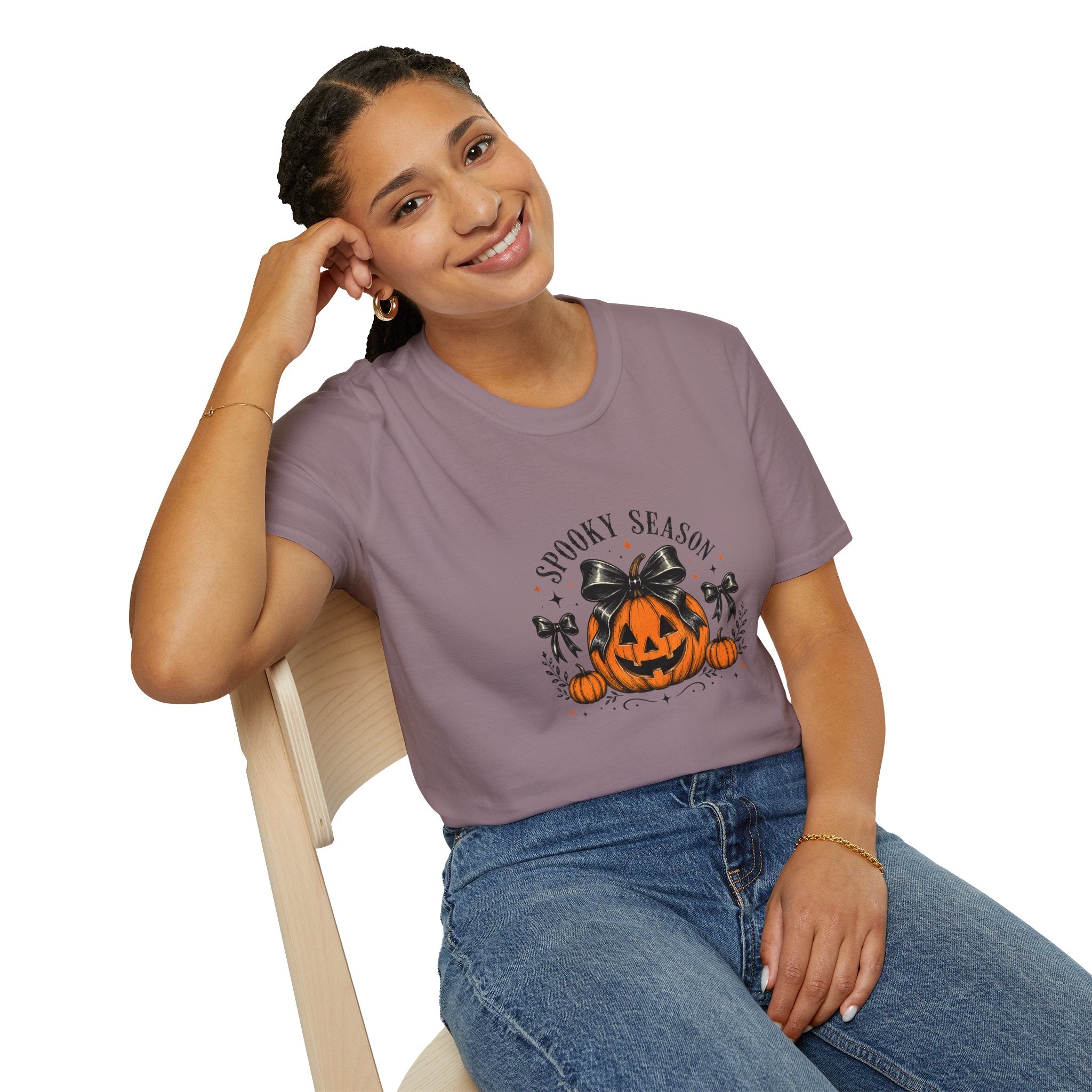 Spooky Season Jack-O'-Lantern Bow T-Shirt — Cute Halloween Gift for Women Graphic Tee