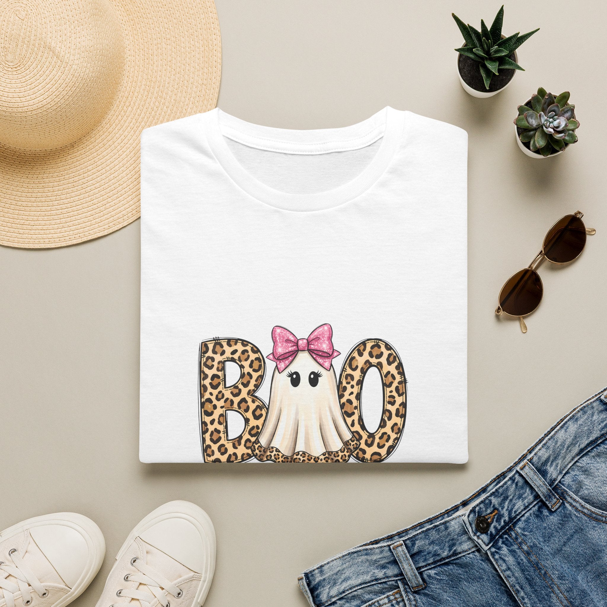 Boo Leopard Ghost T-Shirt — Cute Pink Bow Halloween Gift for Women Graphic Tee