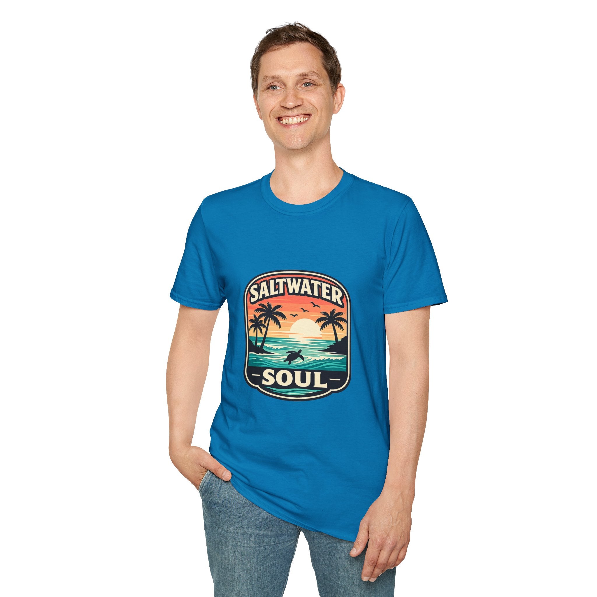 Saltwater Soul Retro Beach T-Shirt — Cute Coastal Gift for Women Sunset Palm Tee