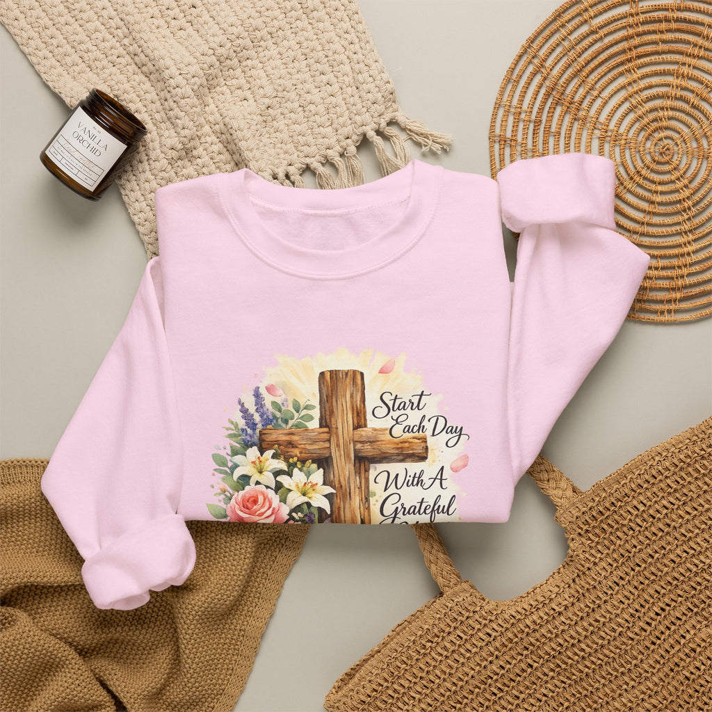 Christian Crewneck Sweatshirt — "Start Each Day with a Grateful Heart" Floral Cross