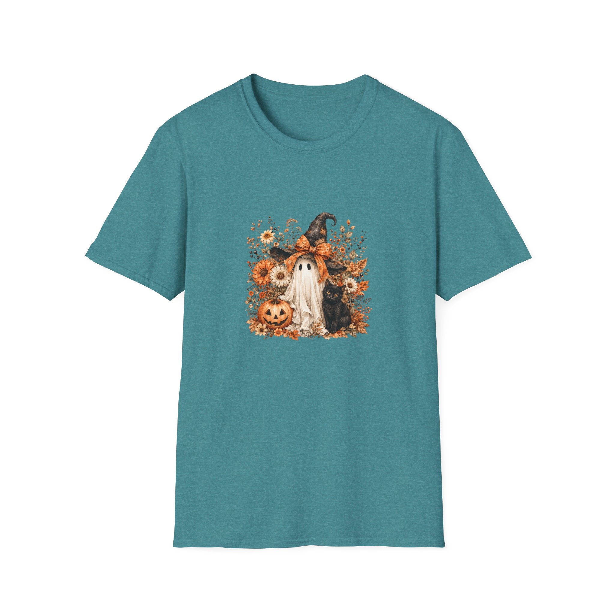 Halloween Witch Ghost & Cat T-Shirt — Cute Spooky Gift for Women Fall Floral Tee