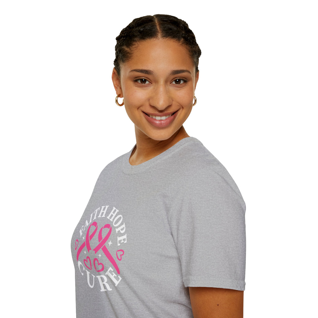 Faith Hope Cure Breast Cancer Awareness T-Shirt — Pink Ribbon Gift for Her Support Graphic Tee