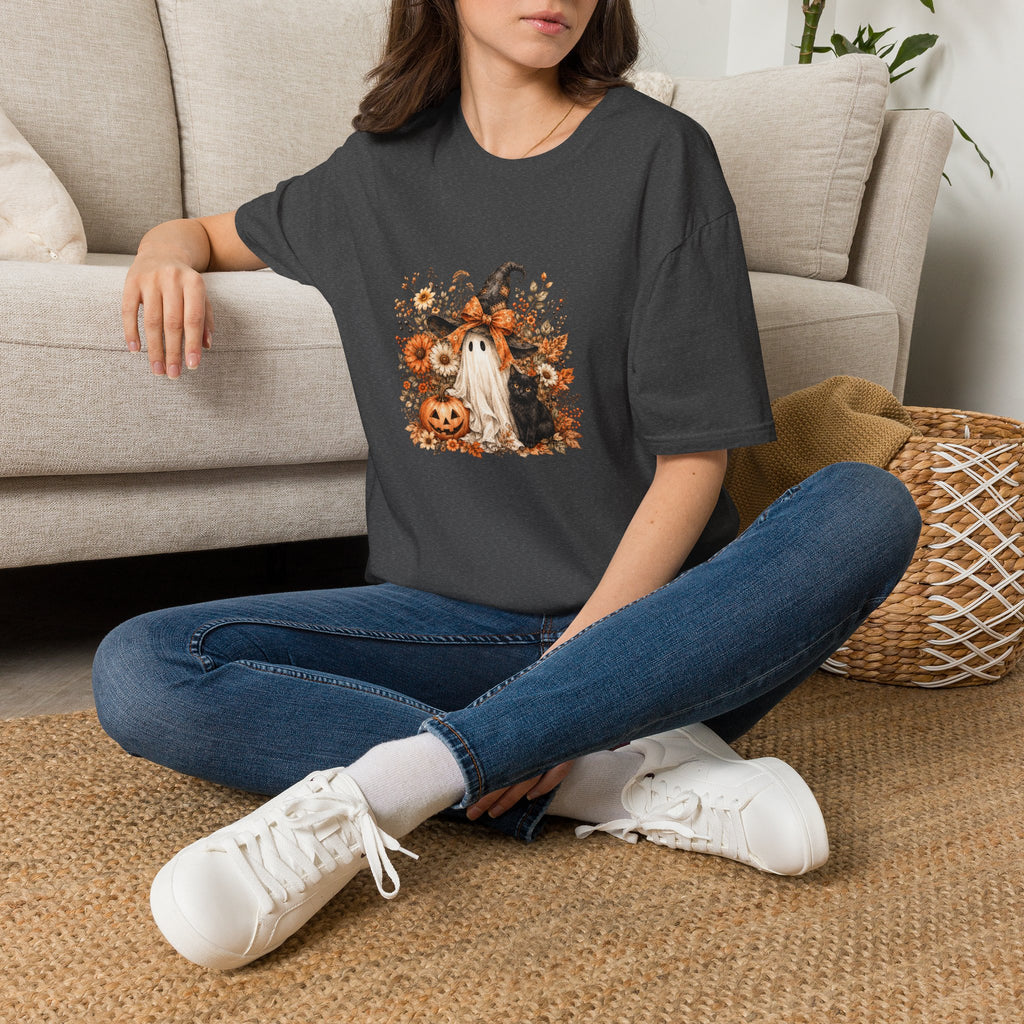 Halloween Witch Ghost & Cat T-Shirt — Cute Spooky Gift for Women Fall Floral Tee
