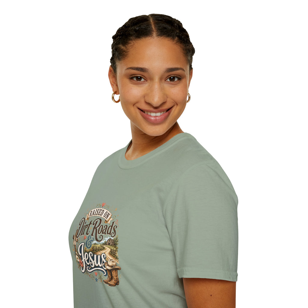 Raised on Dirt Roads & Jesus T-Shirt — Rustic Christian Gift for Women Faith Tee
