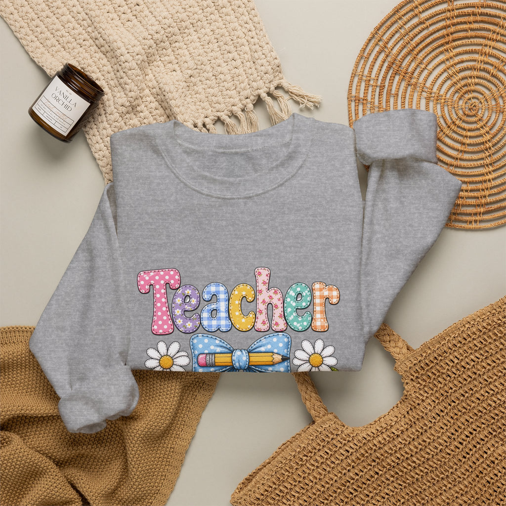 Teacher Floral Bow Sweatshirt — Cute Pastel Gift for Teachers Appreciation Crewneck