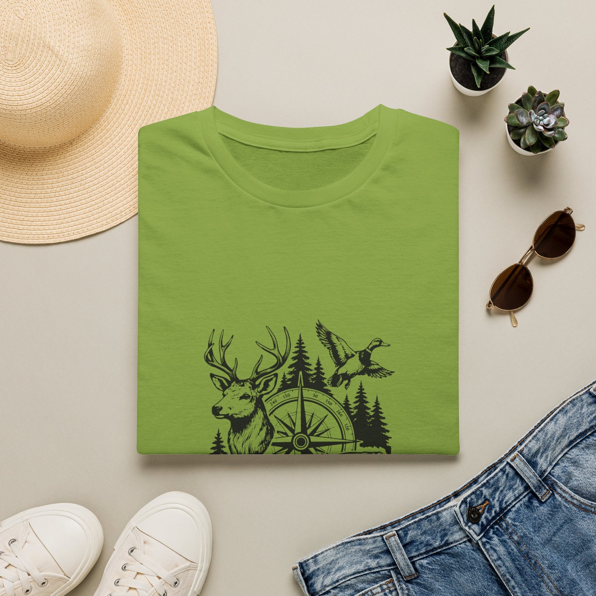 Outdoor Wildlife Compass T-Shirt — Deer Duck & Fish Nature Gift for Hunters