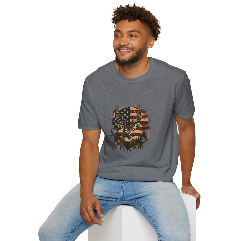 American Flag Deer T-Shirt — Patriotic Buck Gift for Hunters Men's Graphic Tee